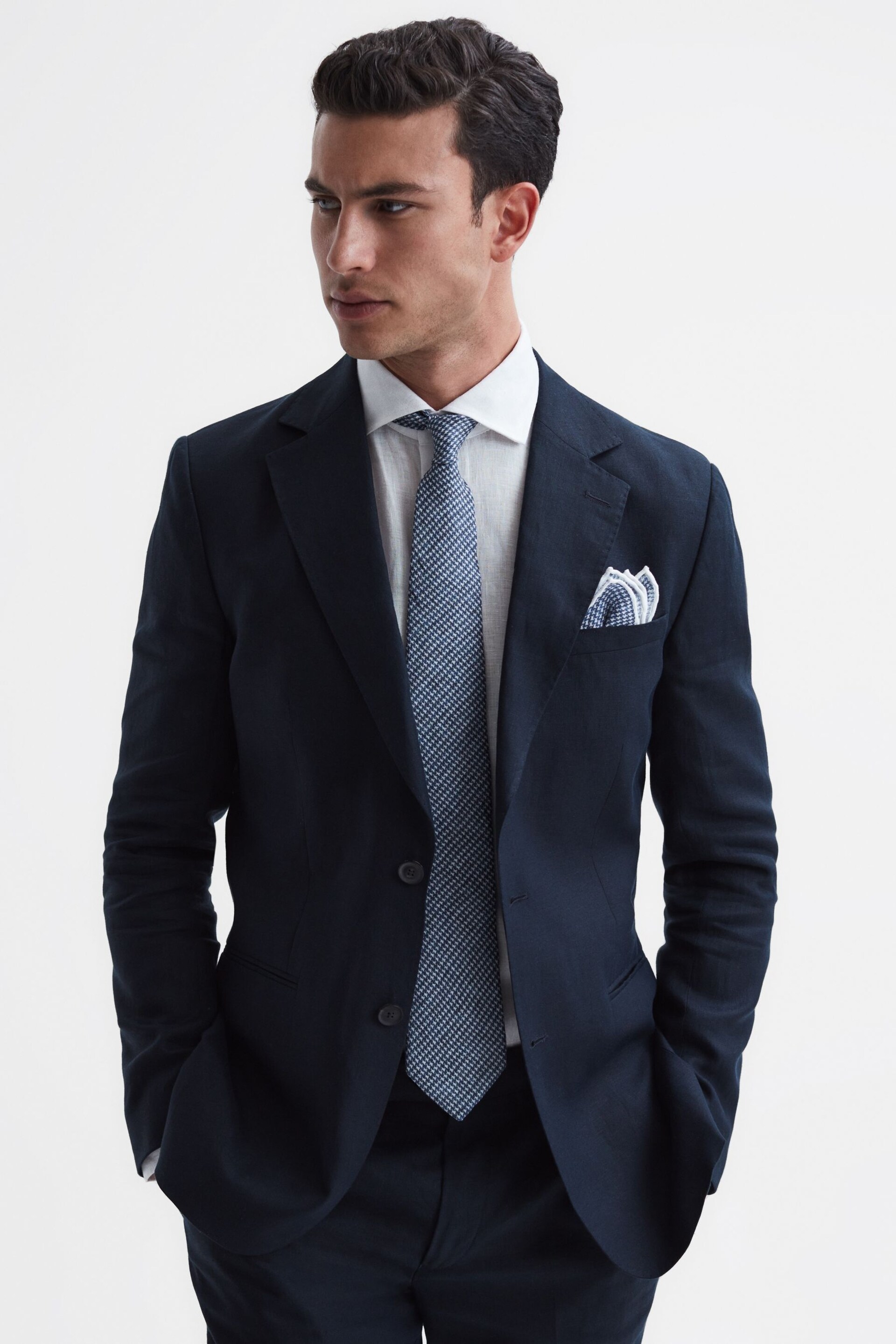 Reiss Airforce Blue Vasto Linen Puppytooth Tie - Image 2 of 5