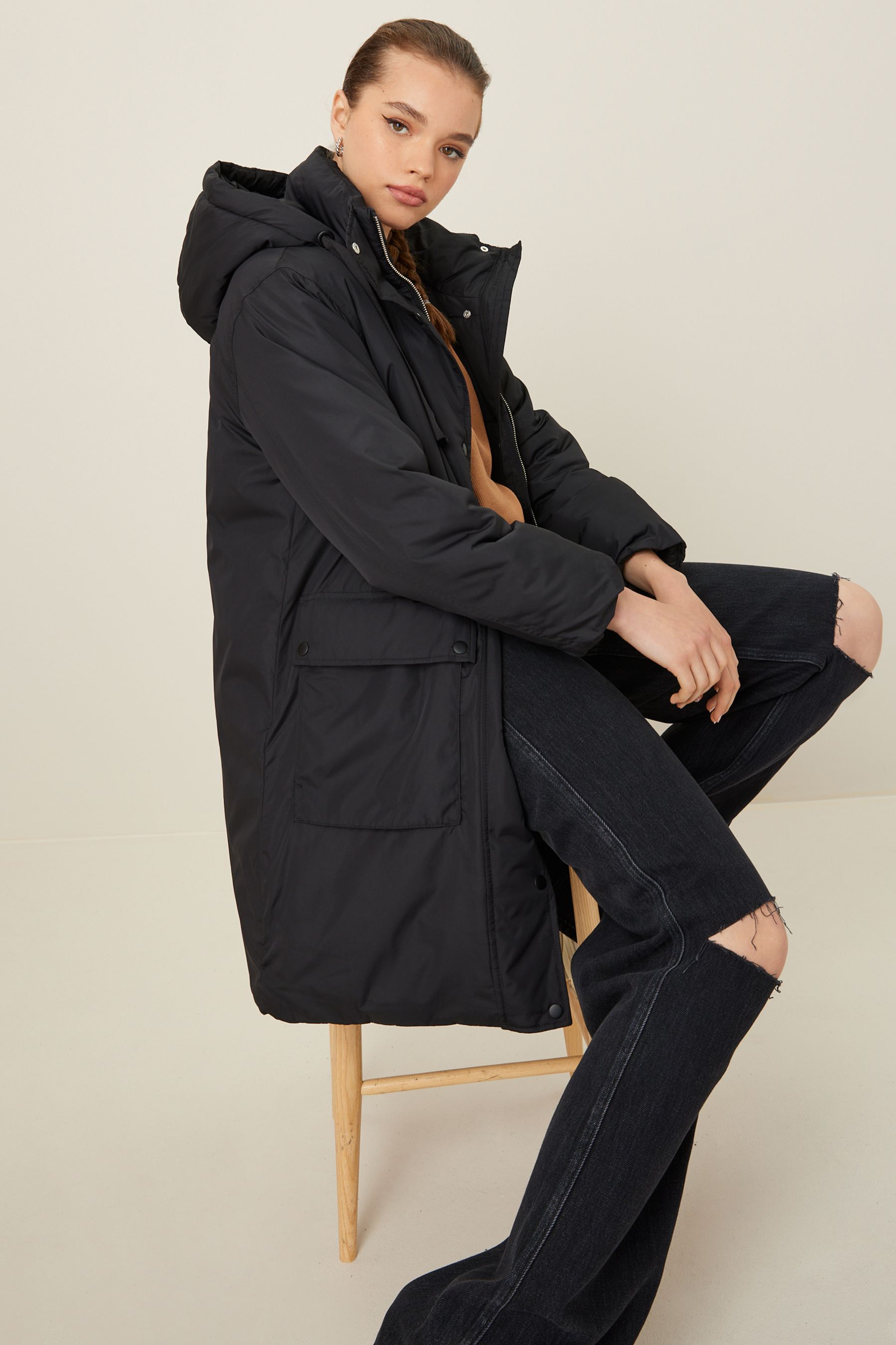 Buy Black Longline Padded Coat from Next Oman