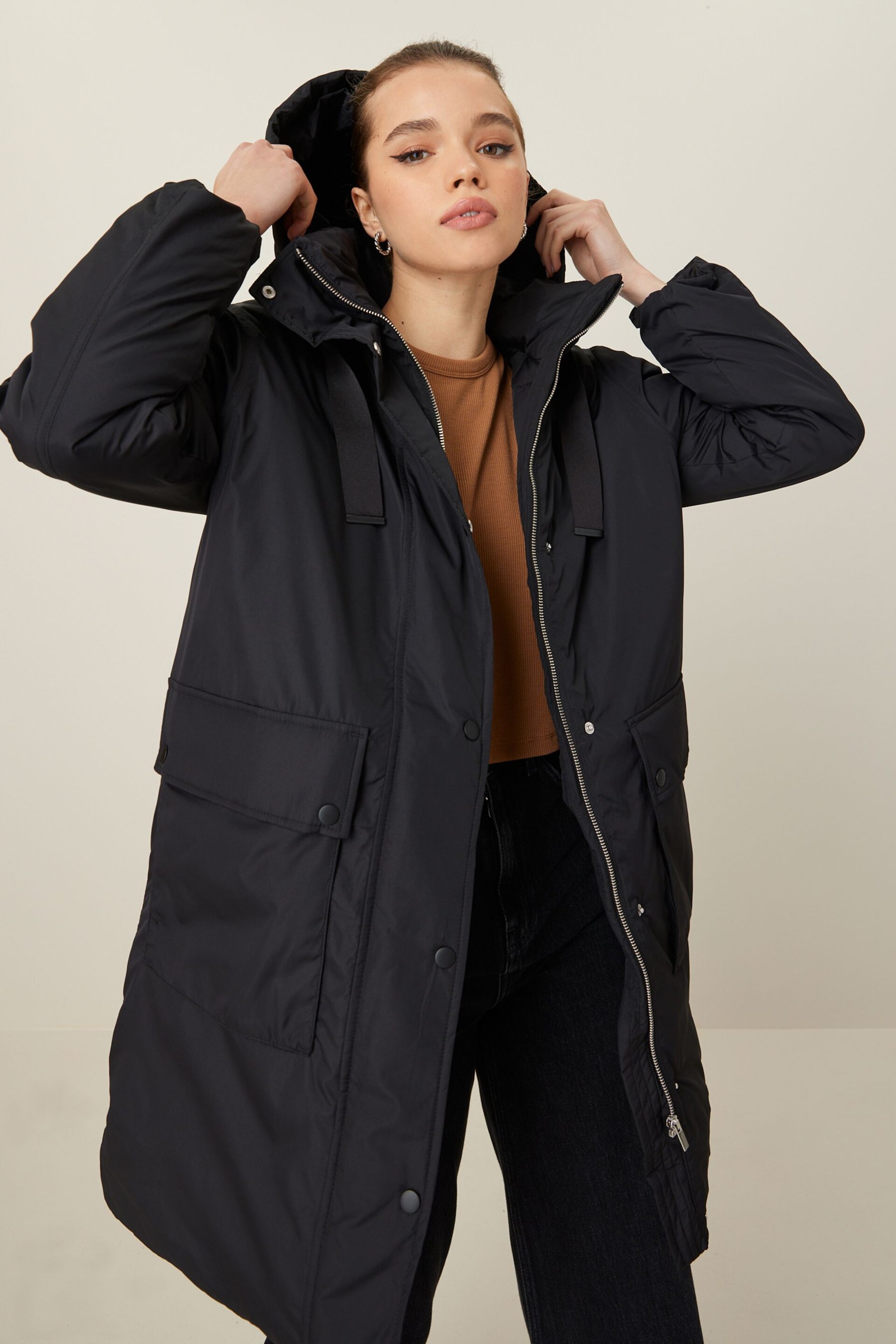 Black Longline Padded Coat - Image 2 of 10