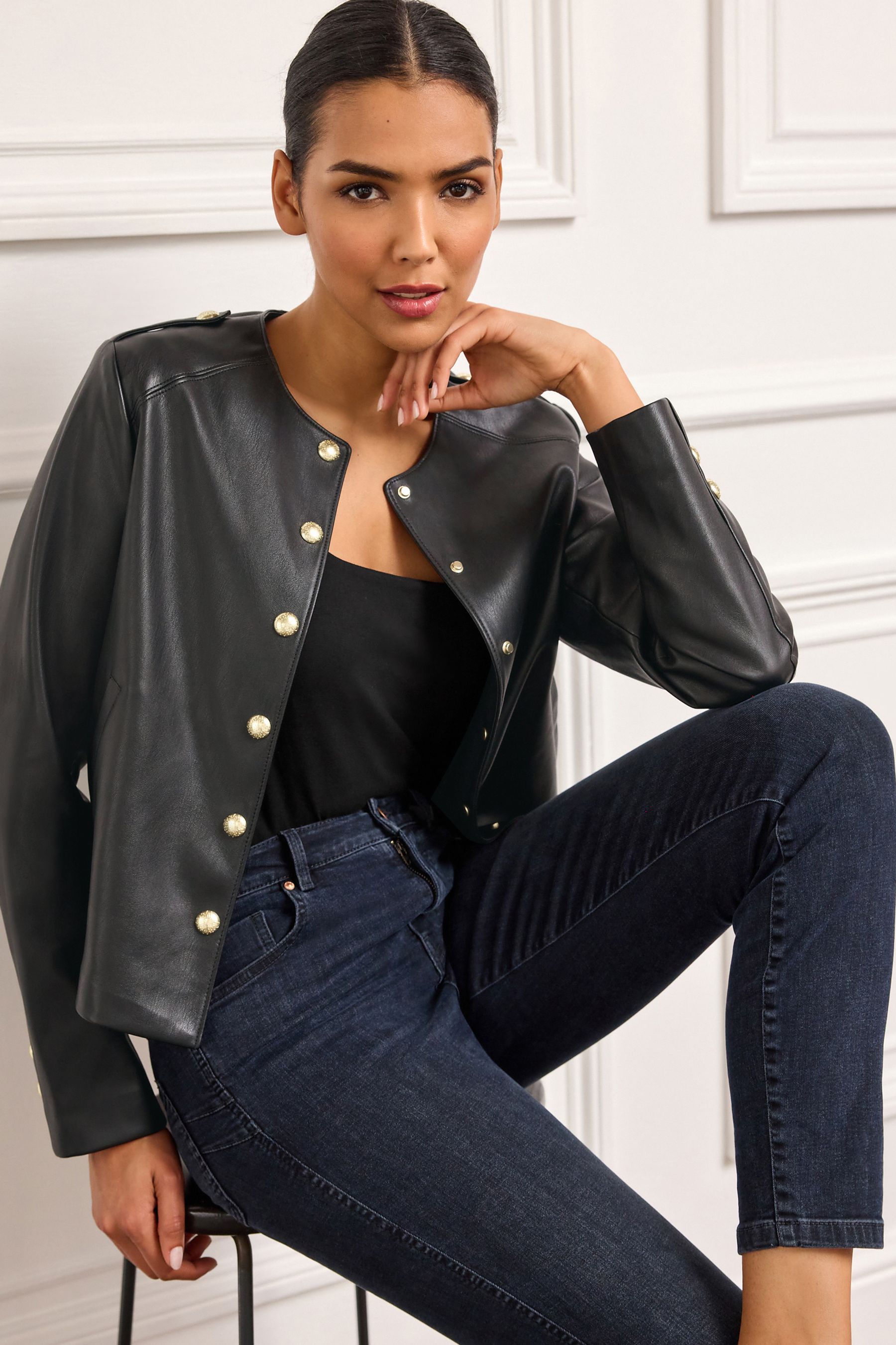 Faux leather jacket collarless store