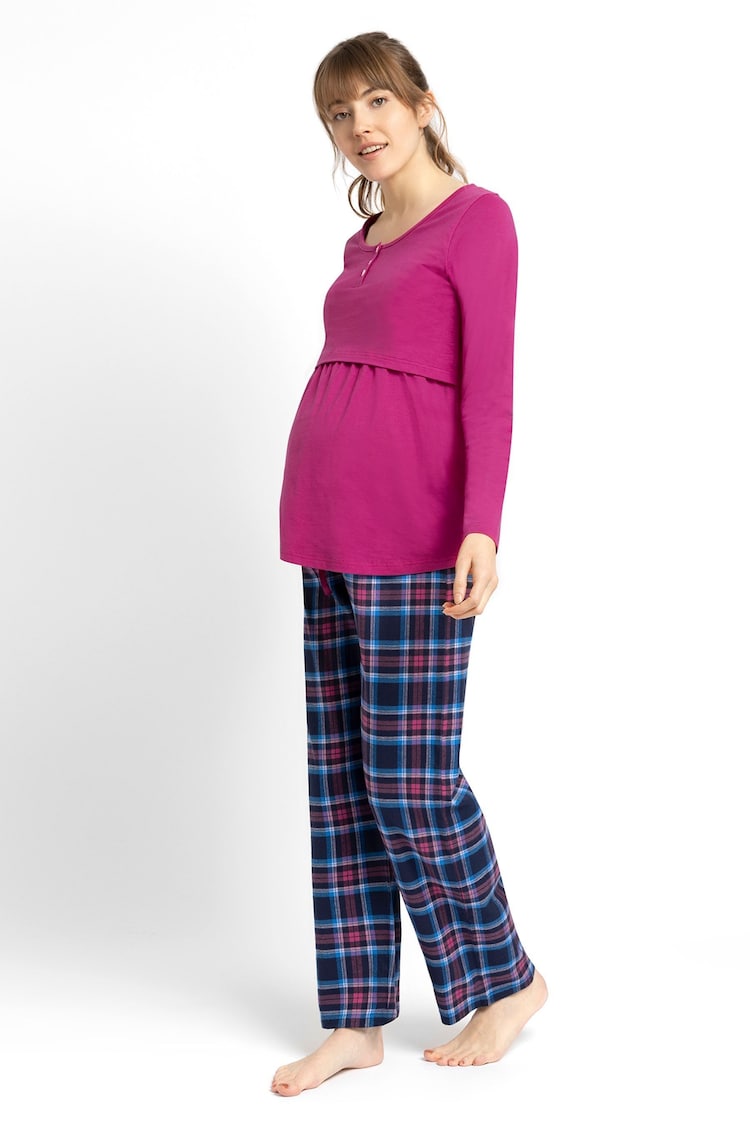 JoJo Maman Bébé Fuchsia/Navy Check Maternity & Nursing Pyjama Set - Image 1 of 2