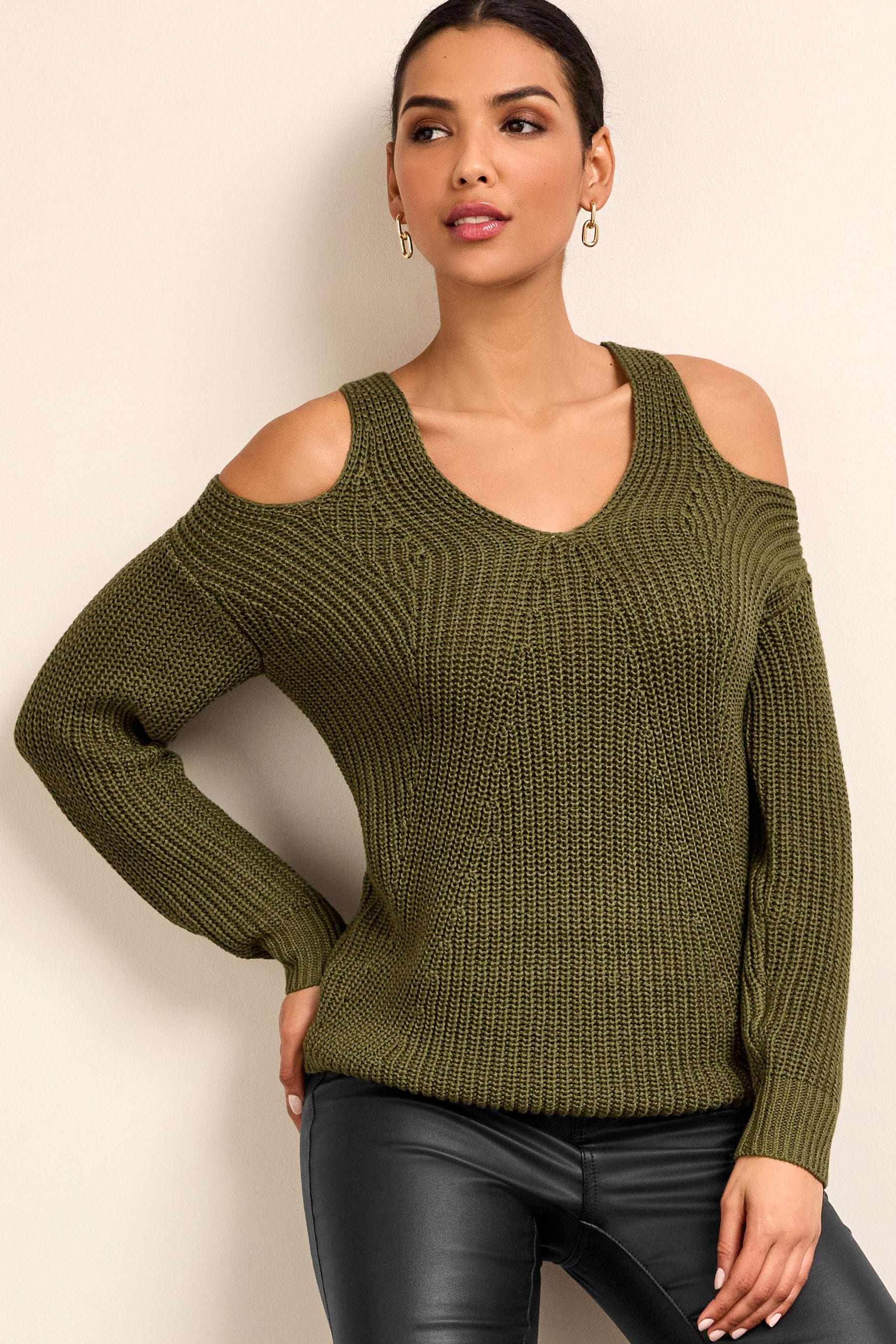 Buy Khaki Green Cut Out Shoulder V Neck Jumper from Next Luxembourg