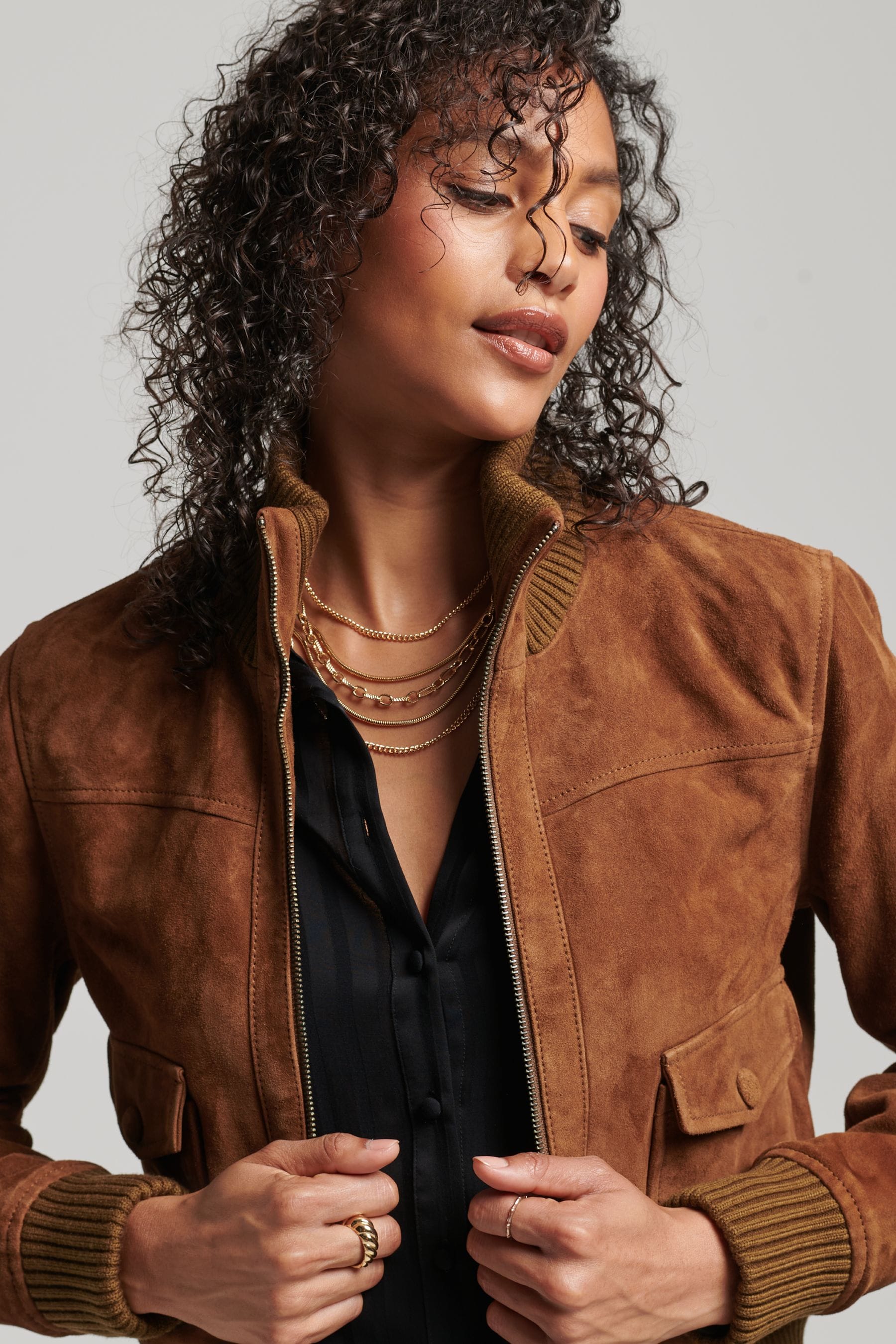 Buy Superdry Brown Studios Knit Collar Suede Bomber Jacket from Next Ireland