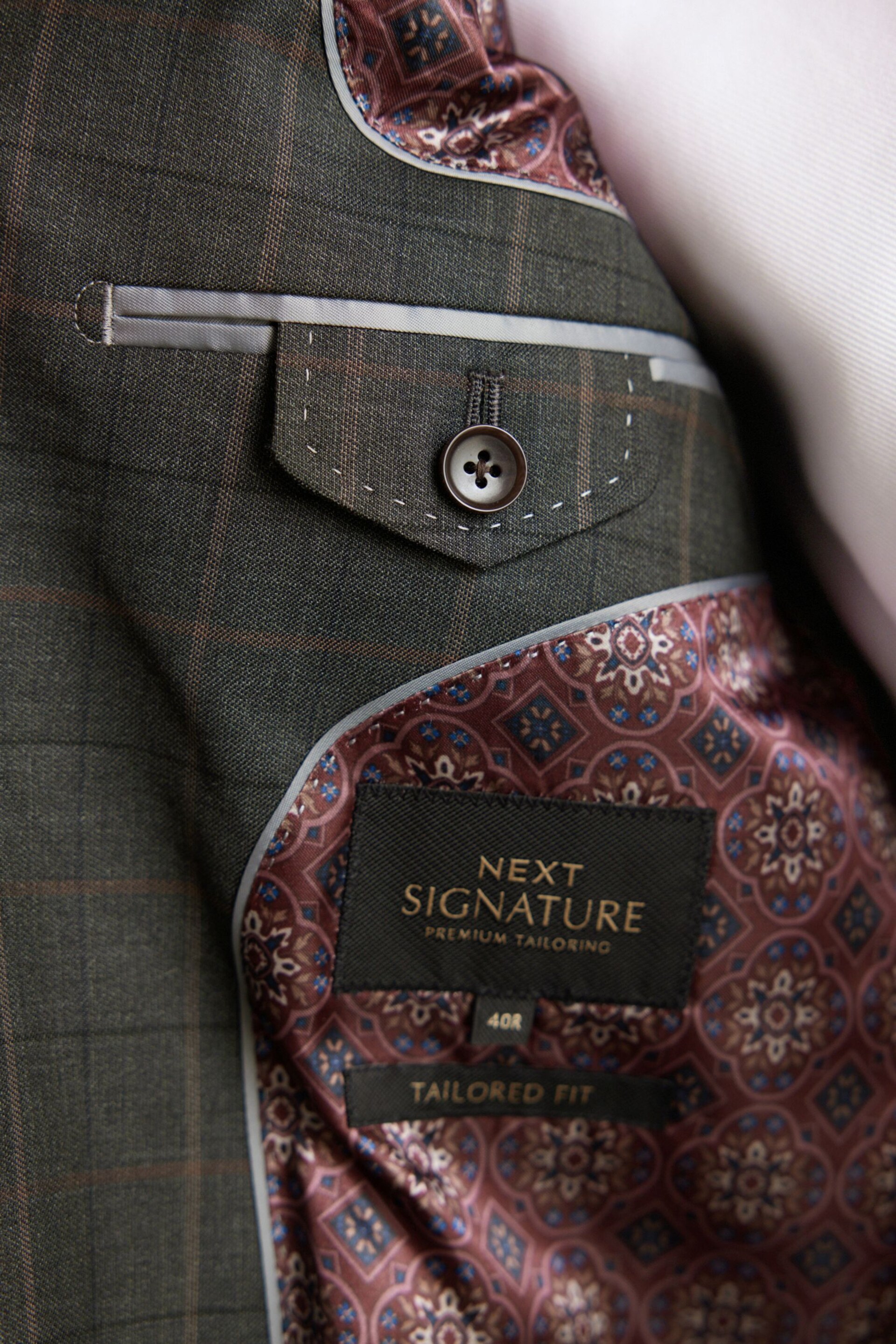 Green Tailored Fit Signature Empire Mills British Fabric Check Suit Jacket - Image 5 of 11