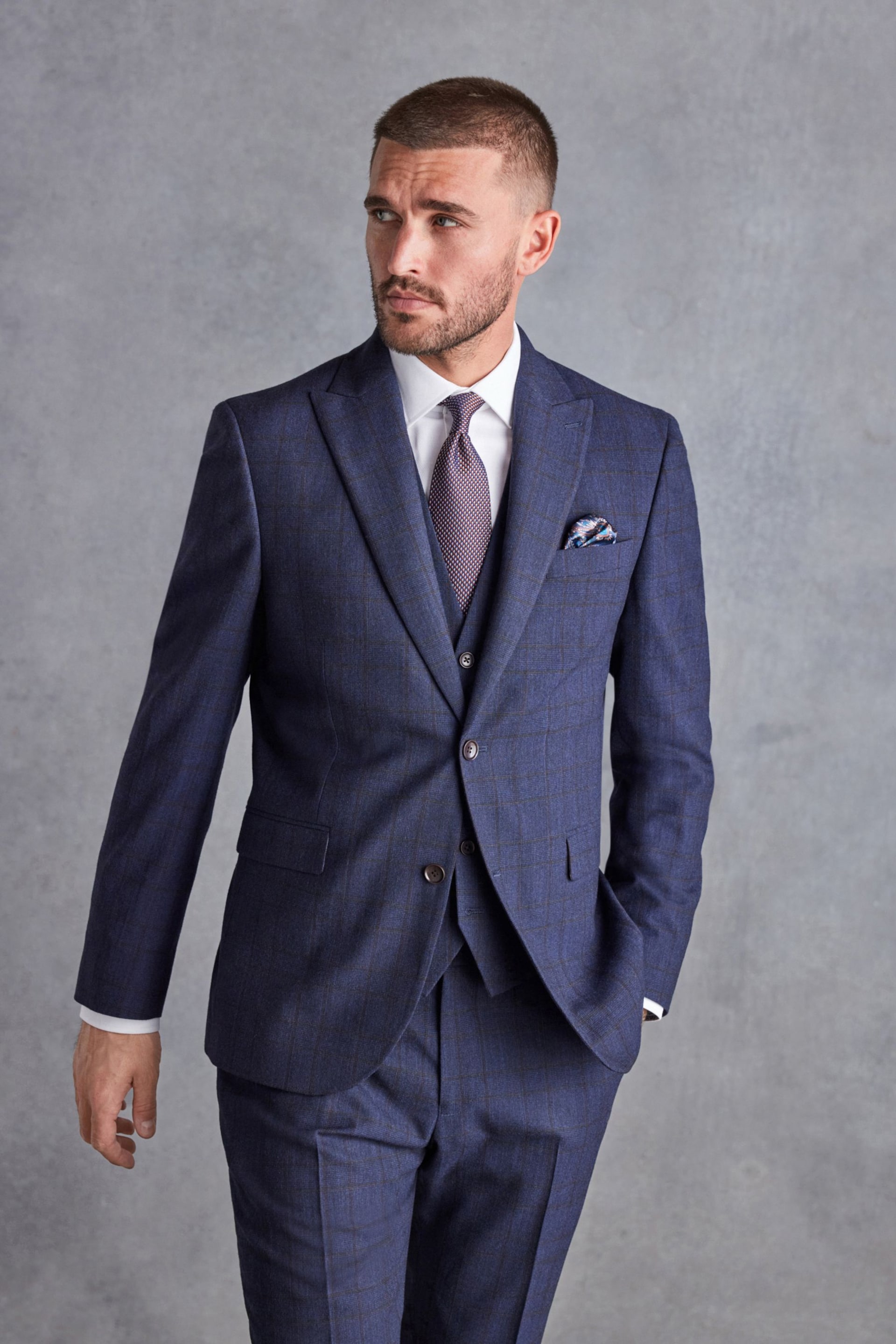 Navy Blue Signature Italian Fabric Check Suit Waistcoat - Image 3 of 11