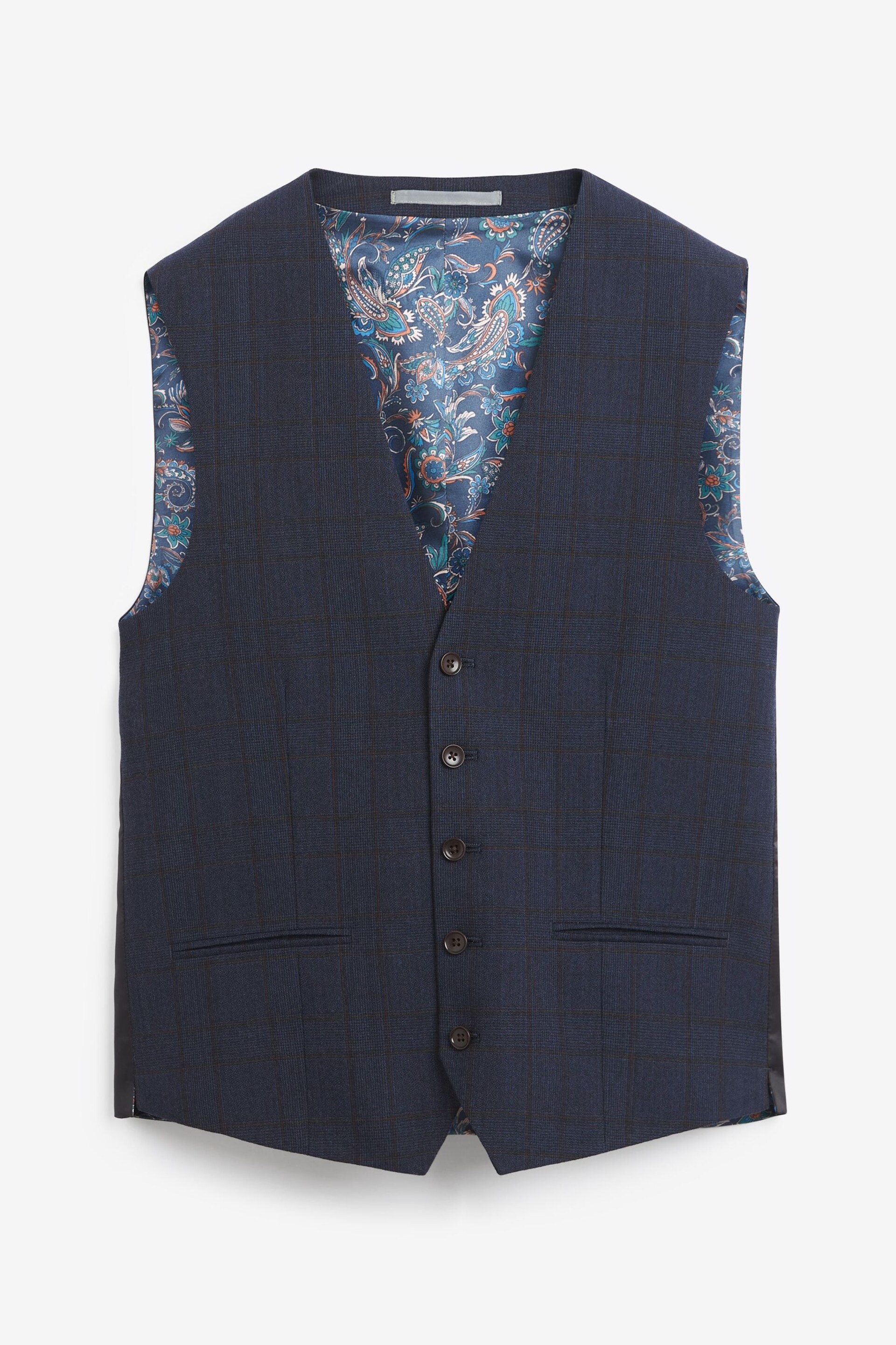 Navy Blue Regular Fit Signature Italian Fabric Check Suit Waistcoat - Image 7 of 11