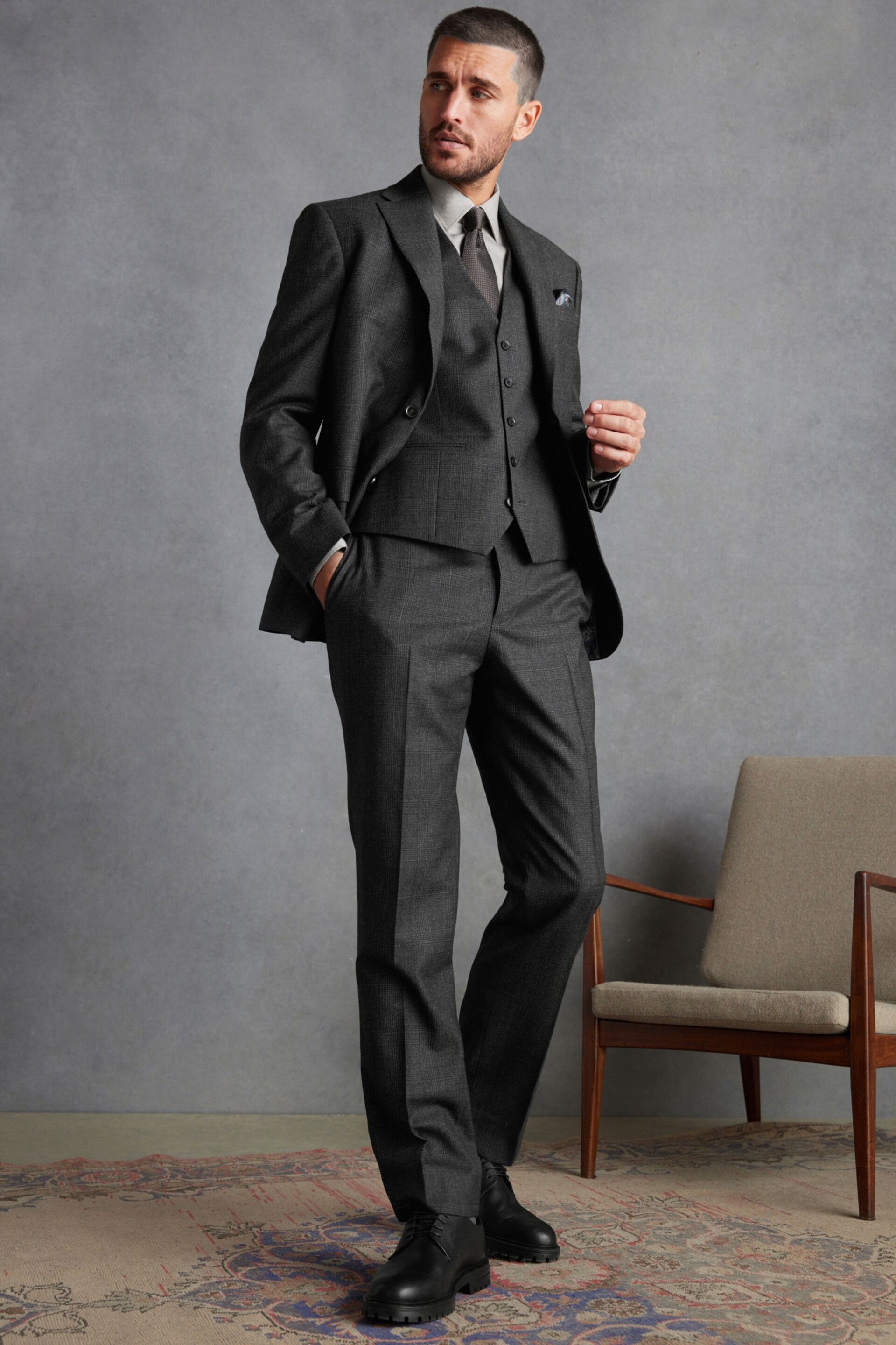 Charcoal Grey Regular Fit Signature TG Di Fabio Italian Fabric Check Waistcoat - Image 3 of 11