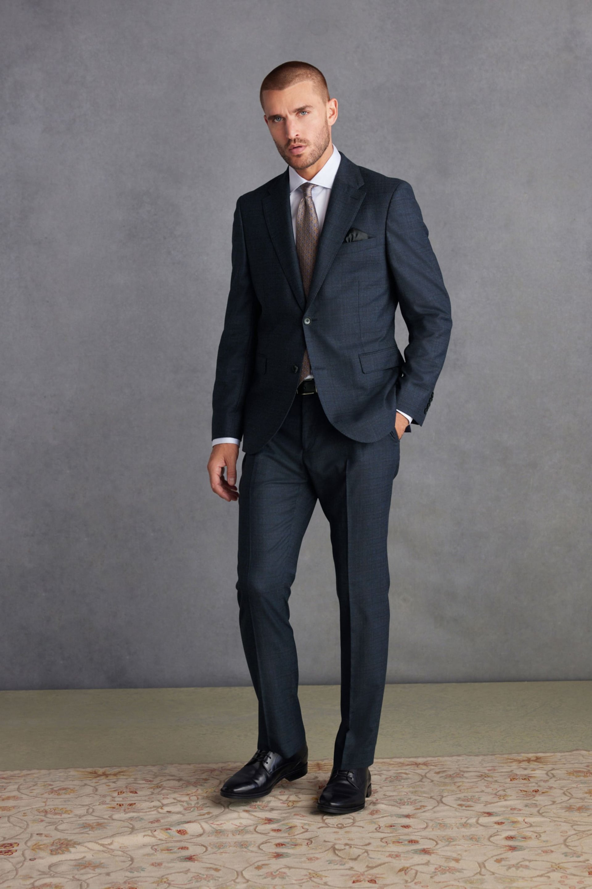 Navy Blue Slim Fit Signature Cerruti Wool Check Suit Trousers - Image 2 of 10
