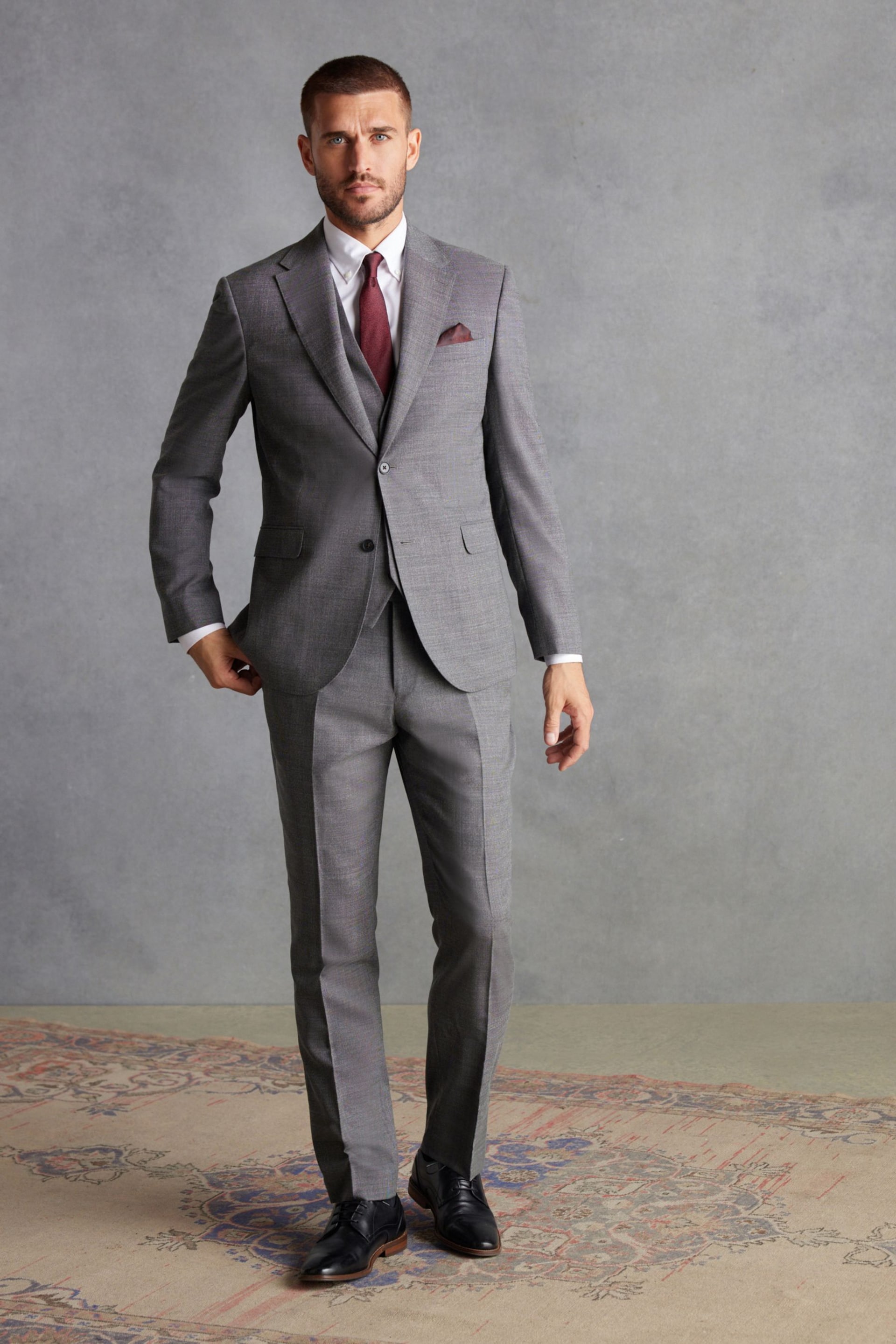 Grey Slim Fit Signature Marzotto Italian Fabric Textured Suit: Trousers - Image 3 of 11