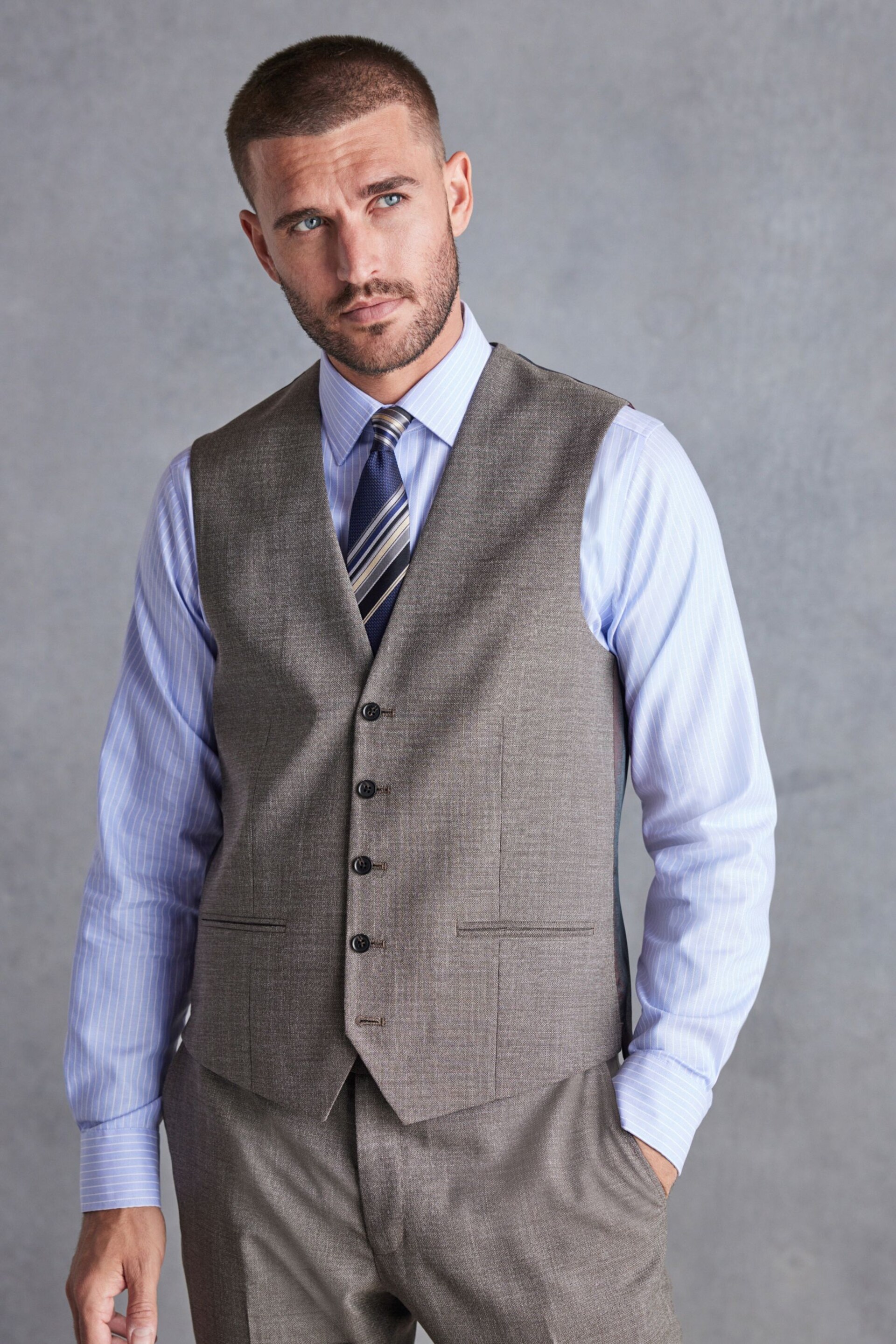 Taupe Slim Fit Signature Marzotto Italian Fabric Textured Waistcoat - Image 1 of 7