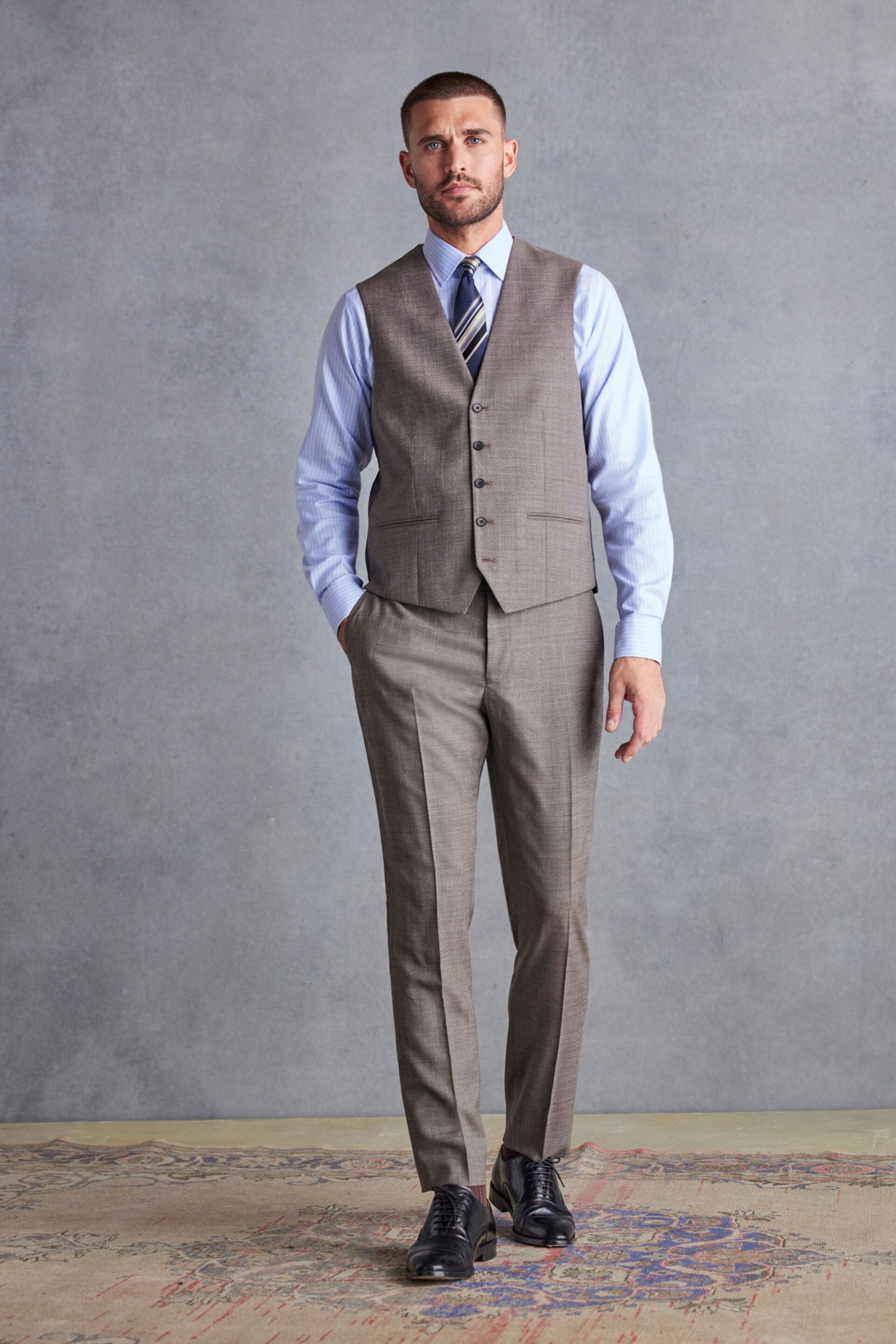 Taupe Slim Fit Signature Marzotto Italian Fabric Textured Waistcoat - Image 2 of 7