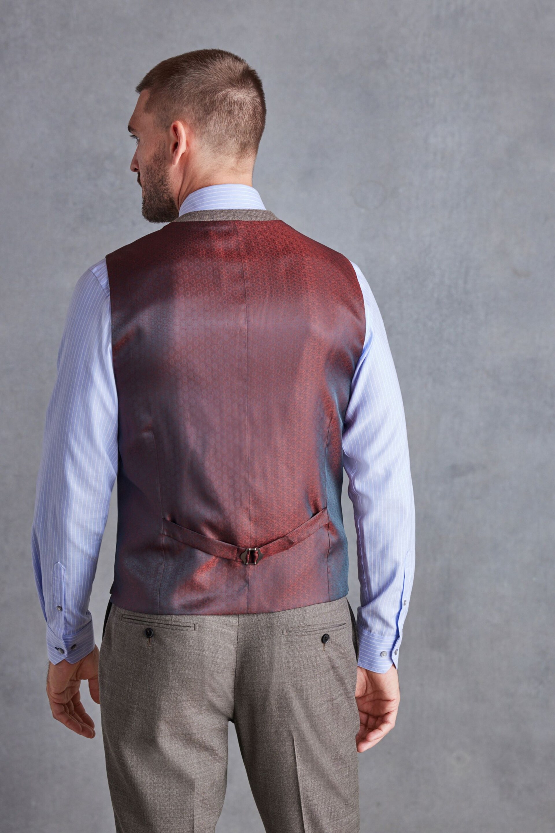 Taupe Slim Fit Signature Marzotto Italian Fabric Textured Waistcoat - Image 3 of 7