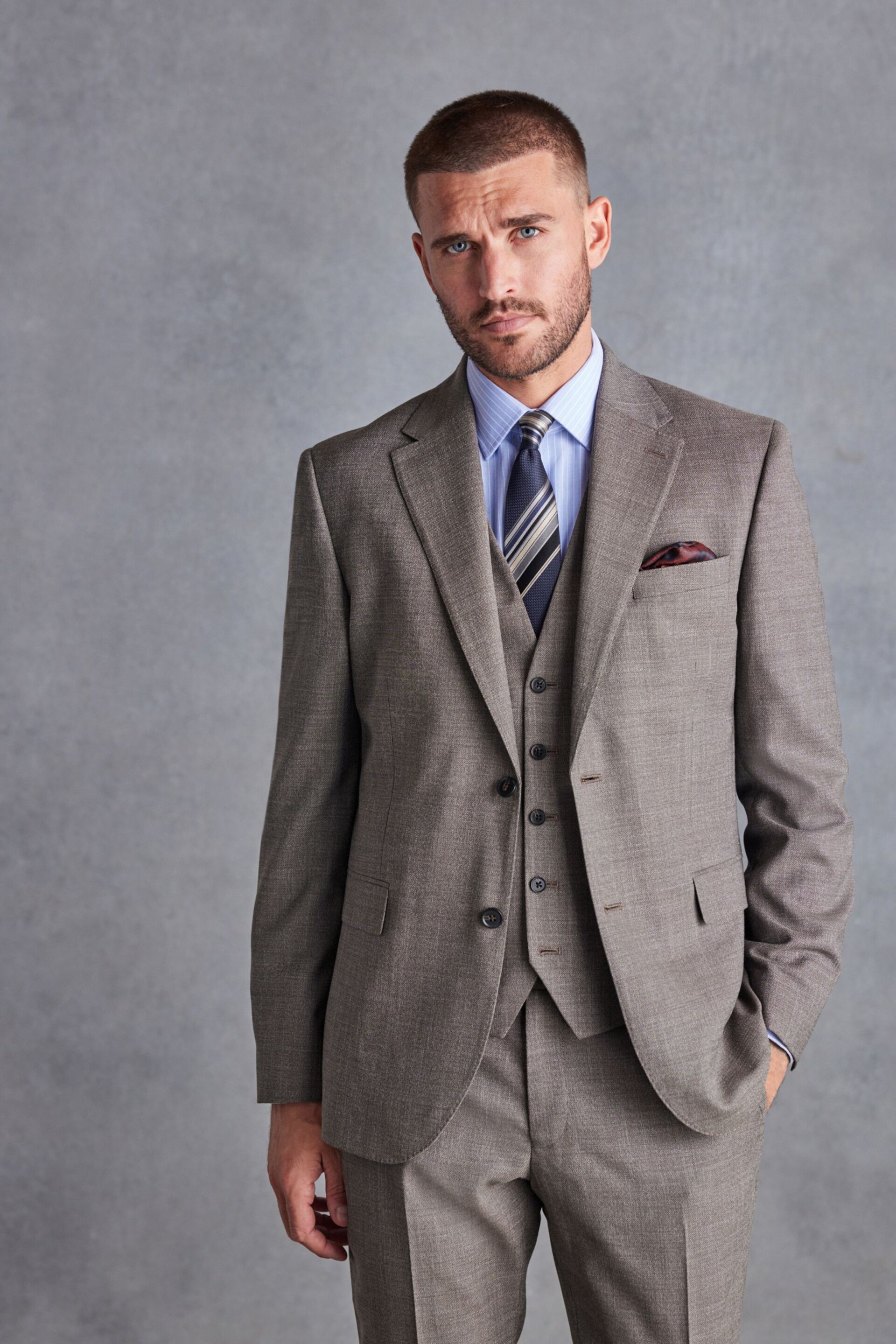 Taupe Slim Fit Signature Marzotto Italian Fabric Textured Waistcoat - Image 4 of 7