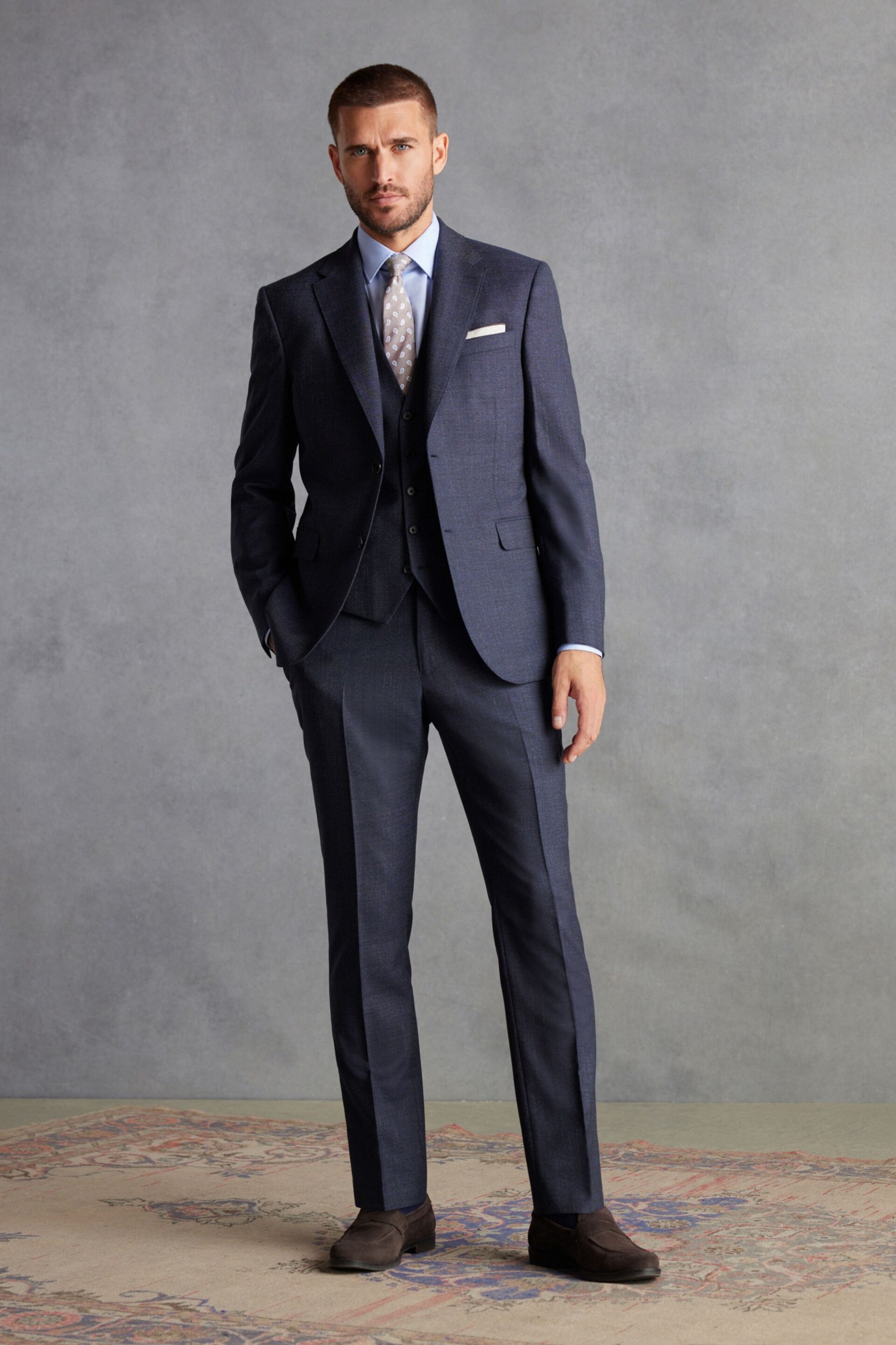 Navy Slim Fit Signature Marzotto Italian Fabric Textured Suit: Trousers - Image 3 of 11