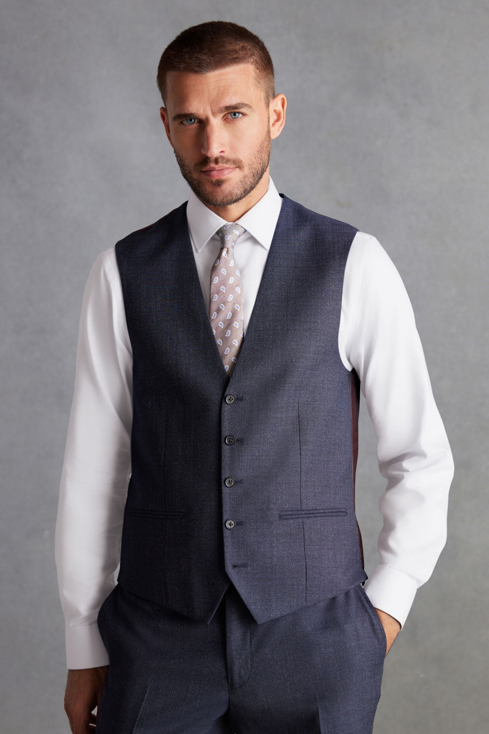 Navy Slim Fit Signature Marzotto Italian Fabric Textured Waistcoat - Image 1 of 11