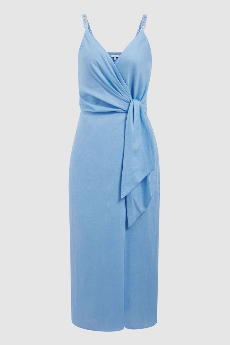 Reiss Blue Esme Linen Side Tie Midi Dress - Image 2 of 7