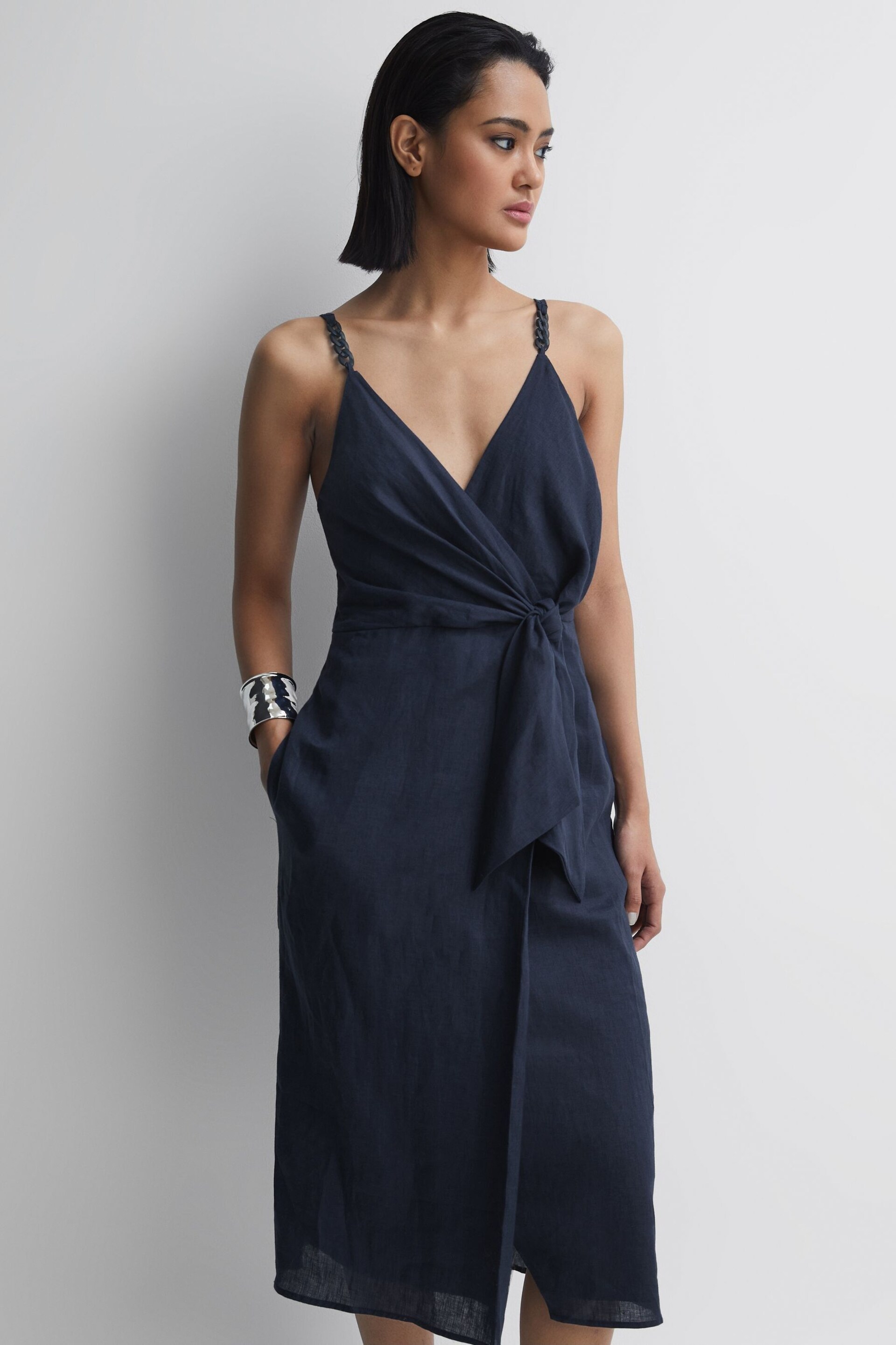 Reiss Navy Esme Linen Side Tie Midi Dress - Image 1 of 6