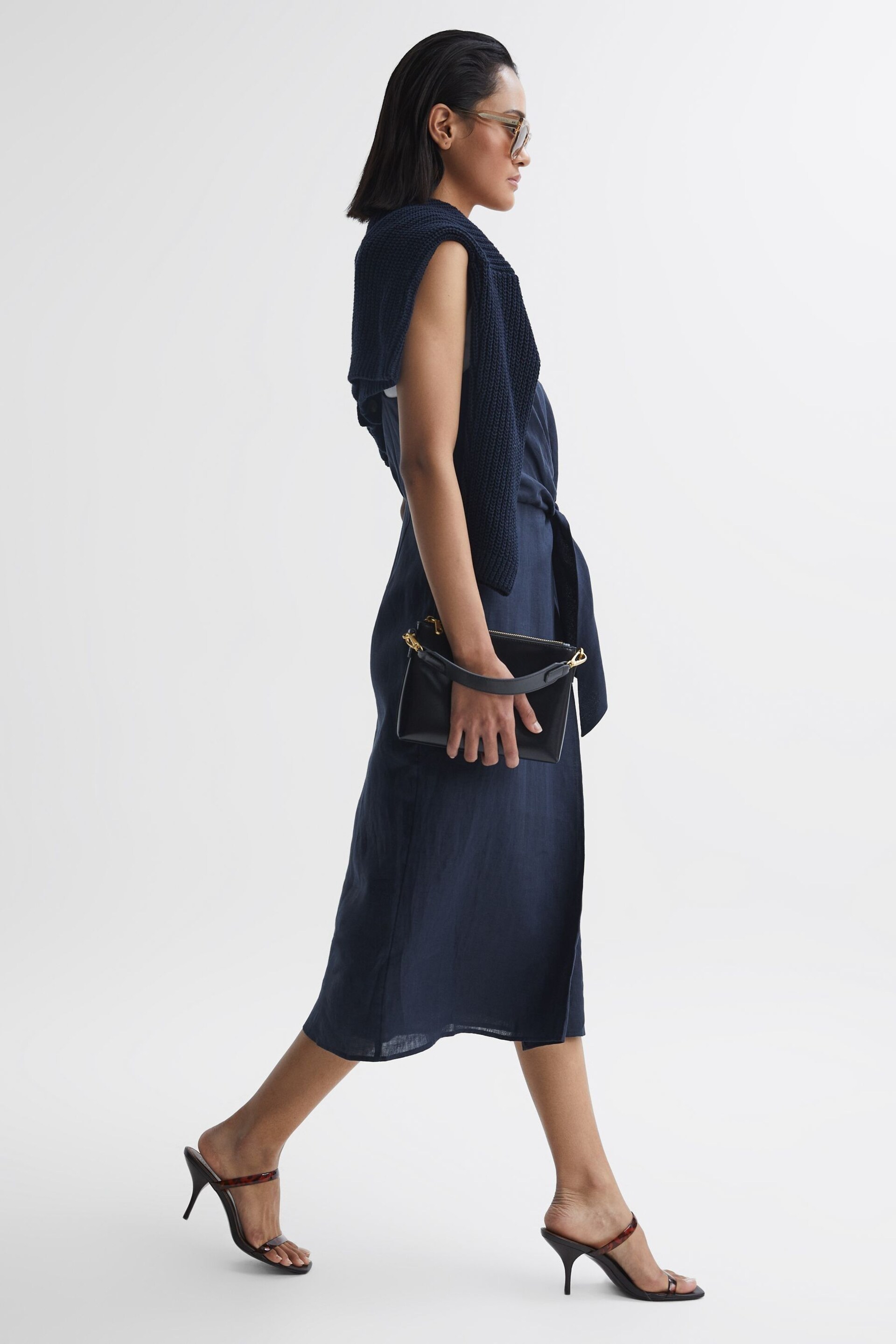 Reiss Navy Esme Linen Side Tie Midi Dress - Image 3 of 6