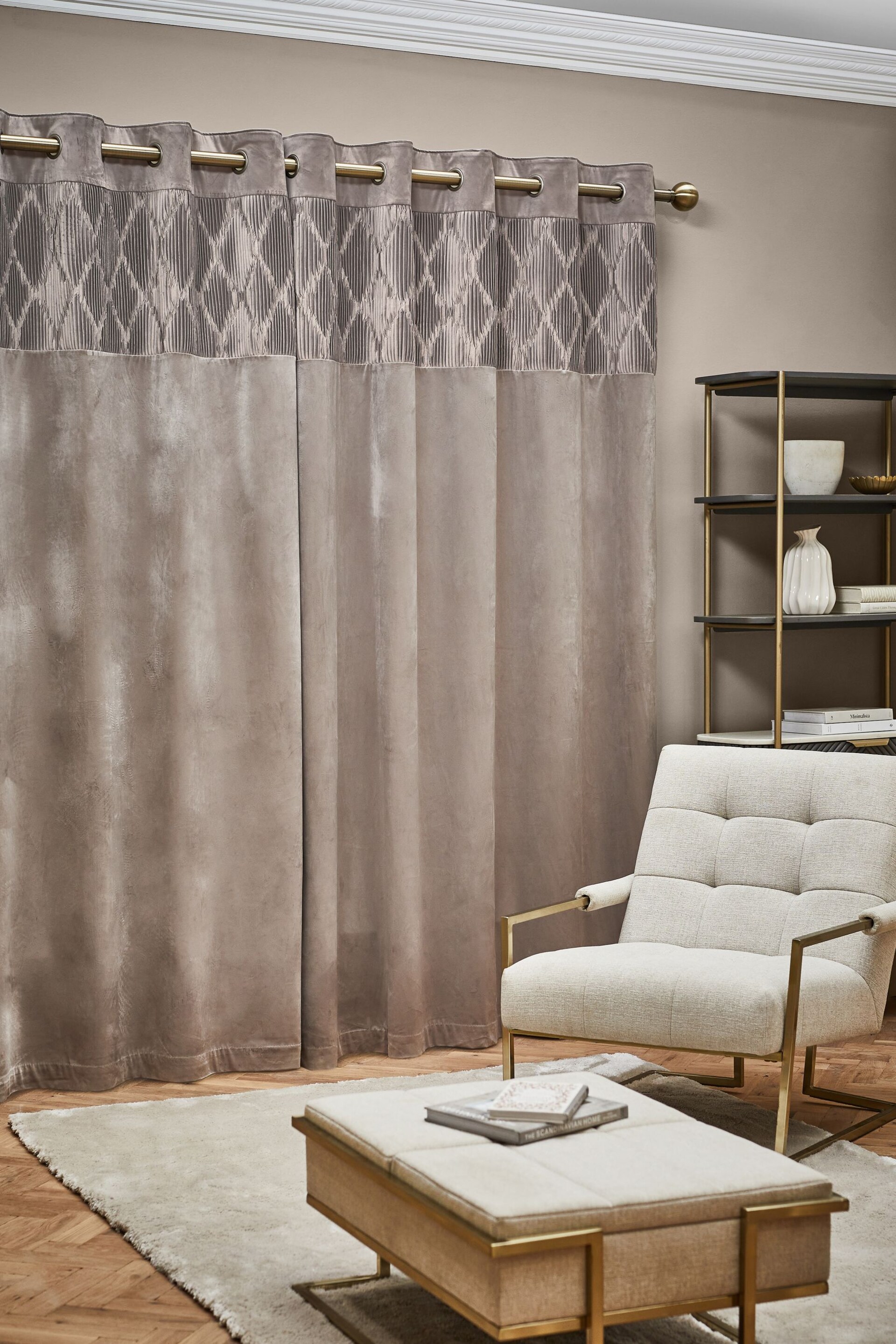 Mink Natural Velvet Pleated Panel Lined Eyelet Curtains - Image 2 of 5
