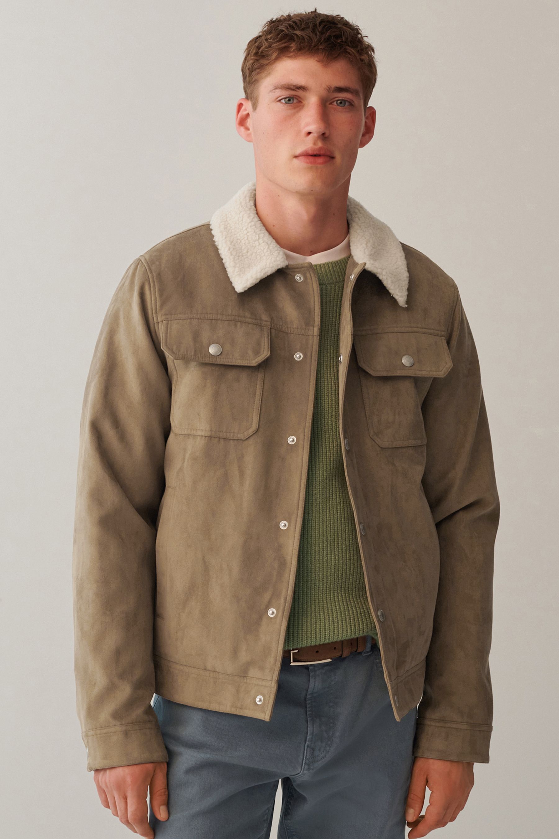 Buy Stone Faux Suede Borg Collared Trucker Jacket from Next Luxembourg