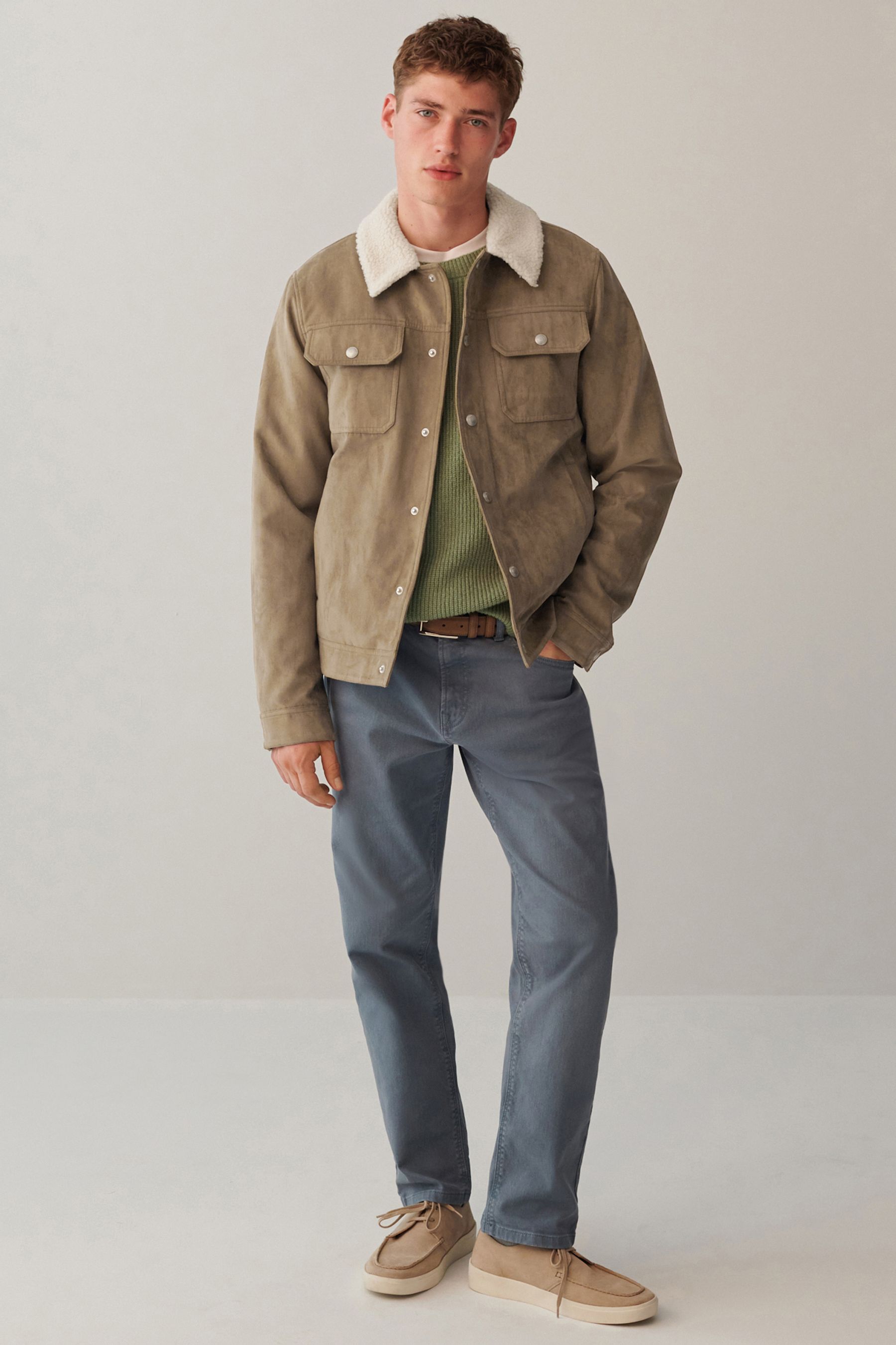 Buy Stone Faux Suede Borg Collared Trucker Jacket from Next Luxembourg