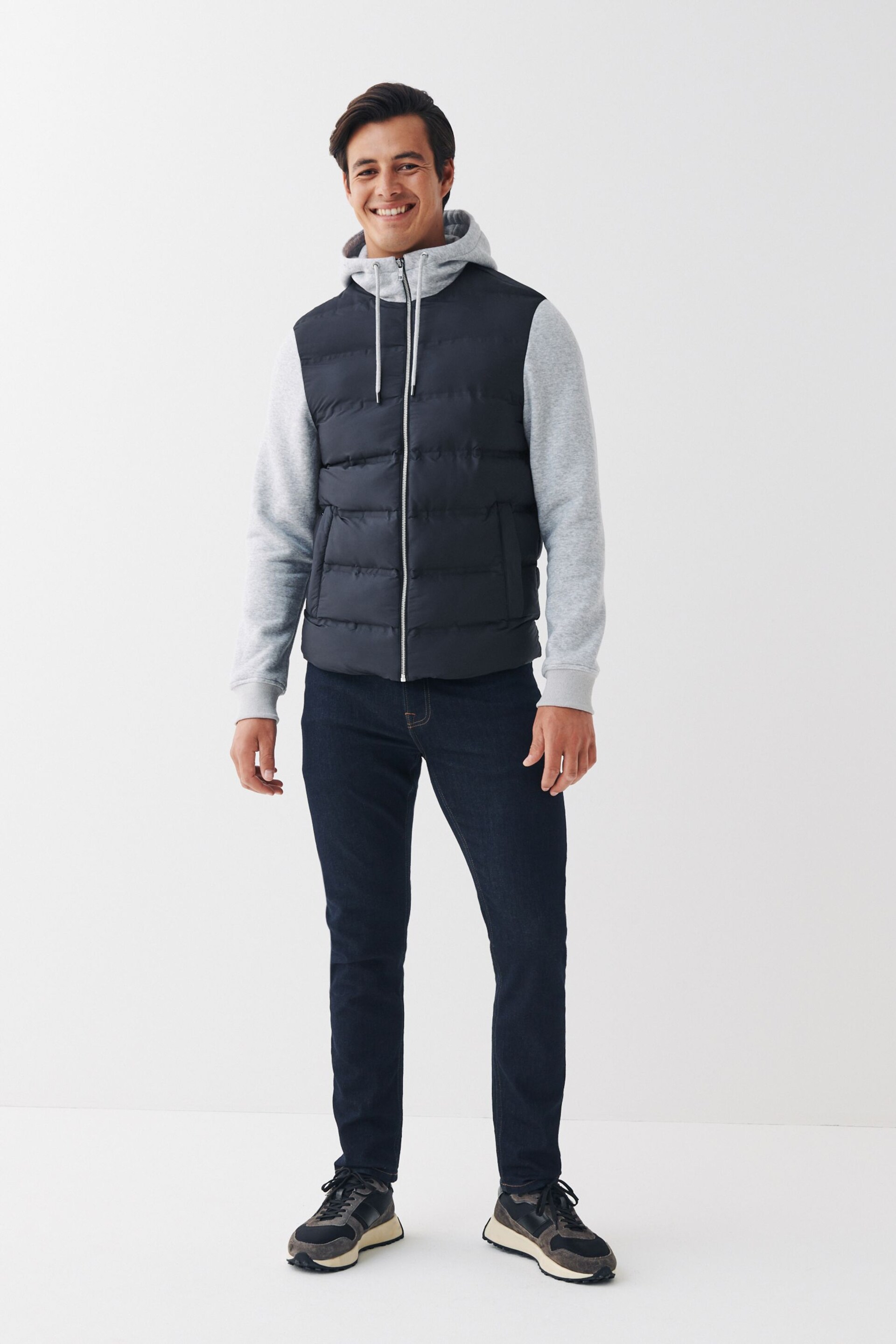 Navy Blue/Grey Jersey Sleeve Puffer Jacket - Image 1 of 12