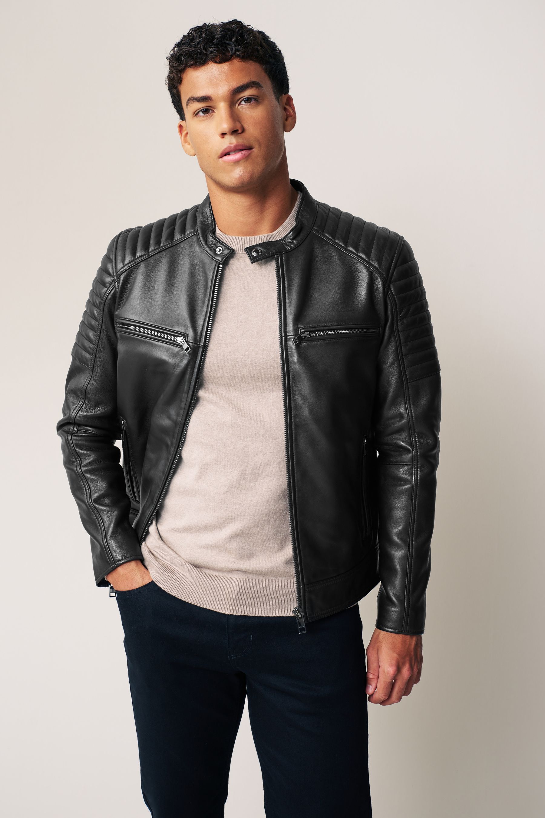 Leather quilt racer jacket deals