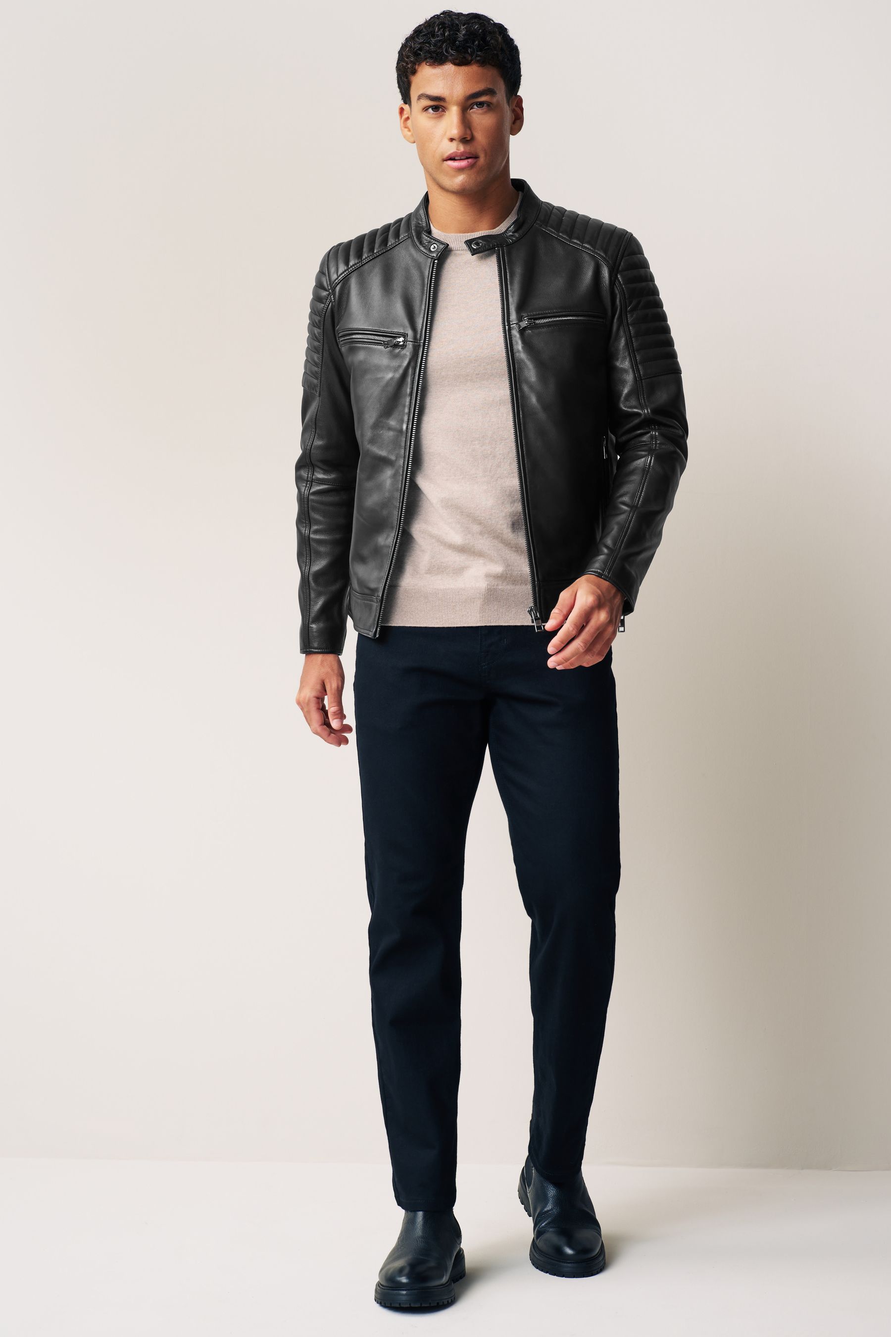 Buy Black Leather Quilted Racer Jacket from Next Luxembourg