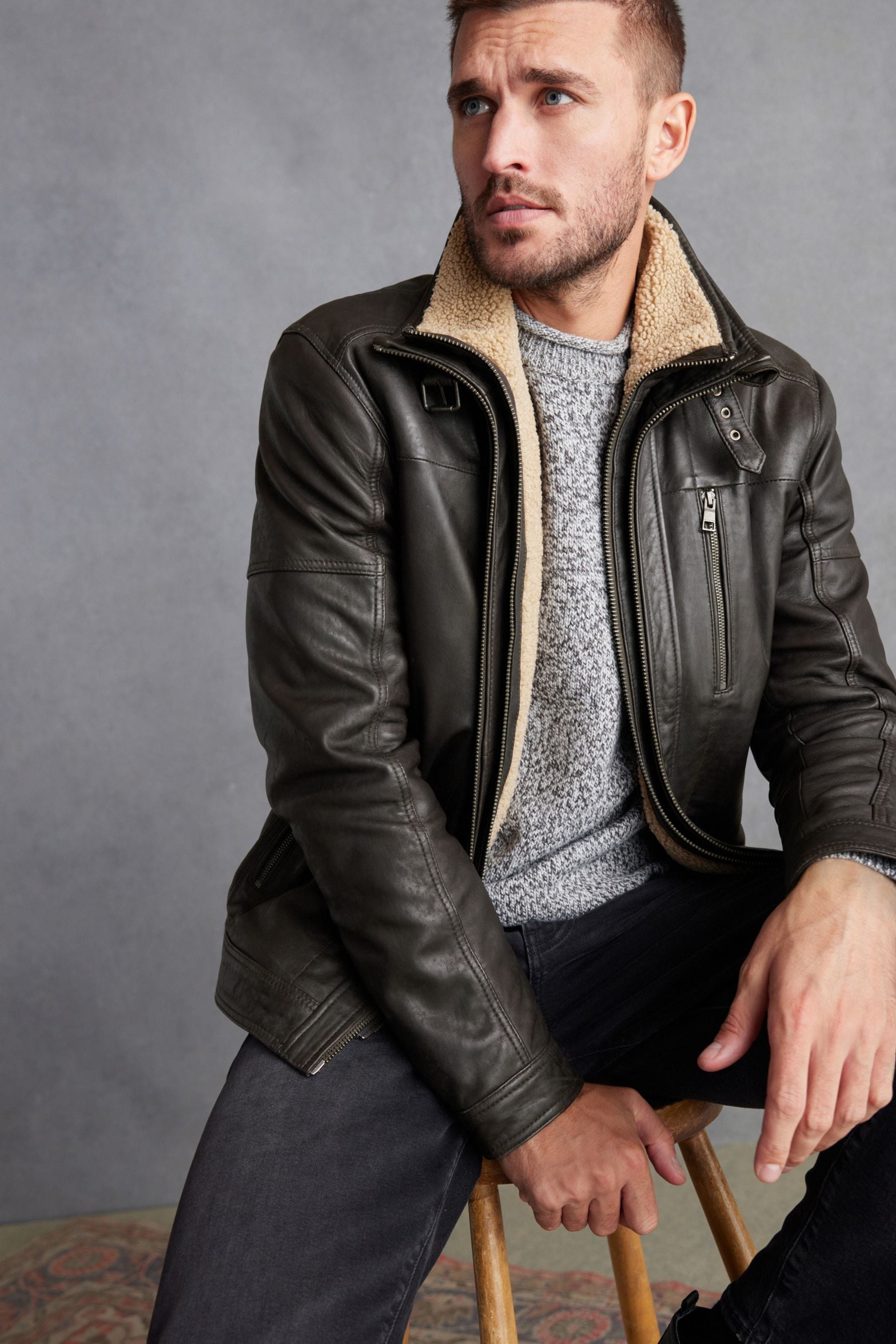 Buy Brown Four Pocket Borg Lined Leather Jacket from Next Luxembourg