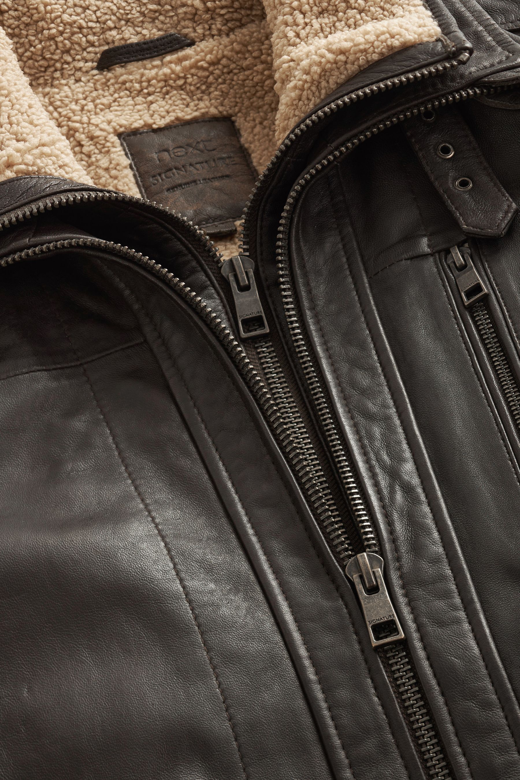 Buy Brown Four Pocket Borg Lined Leather Jacket from Next Luxembourg