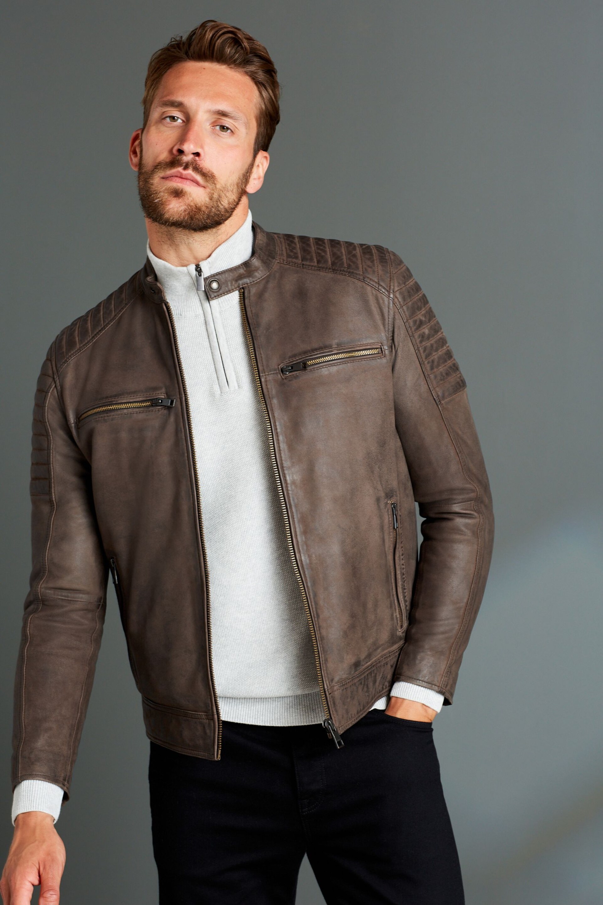 Brown Leather Quilted Racer Jacket - Image 1 of 10