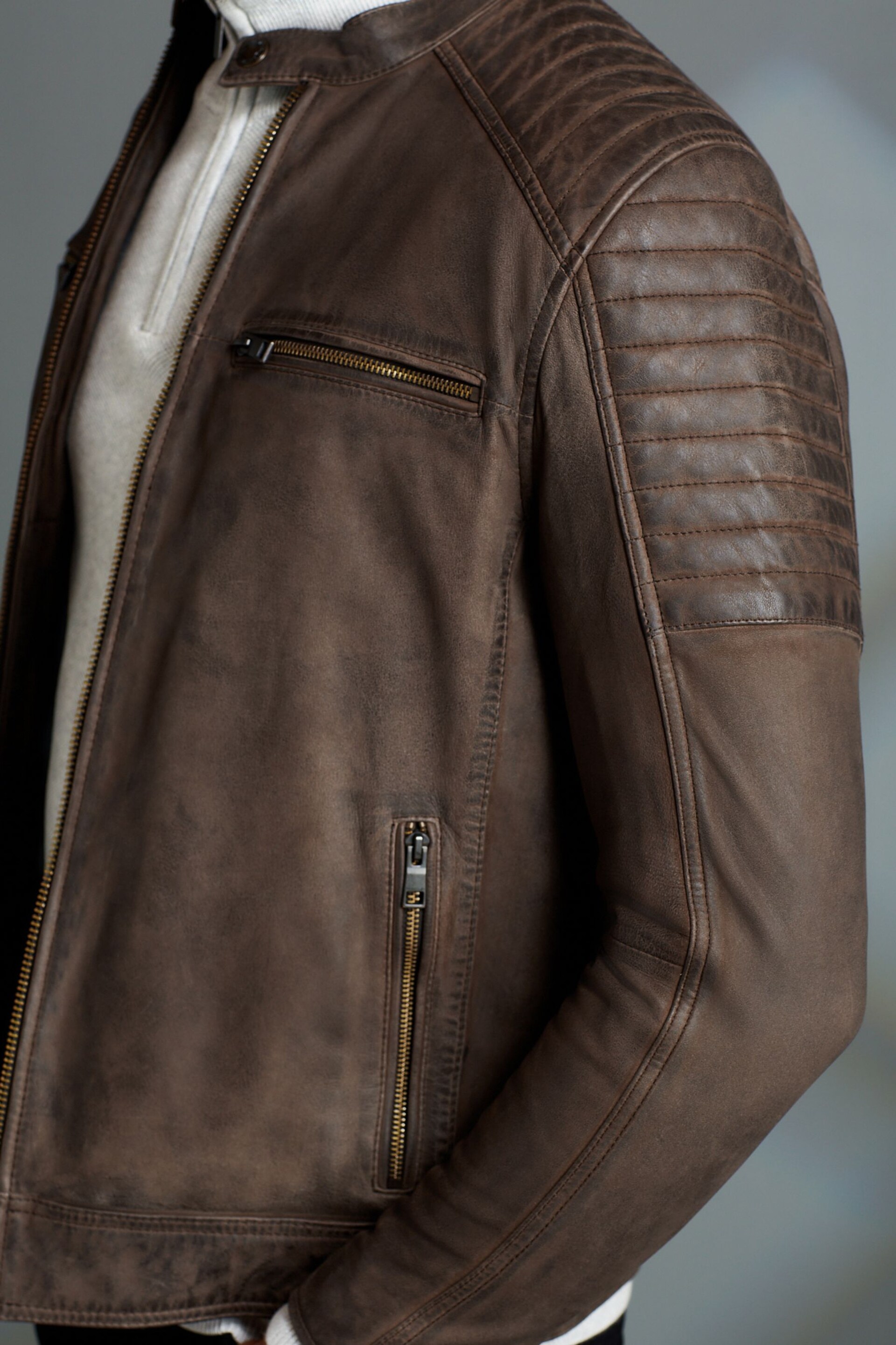 Brown Leather Quilted Racer Jacket - Image 4 of 10