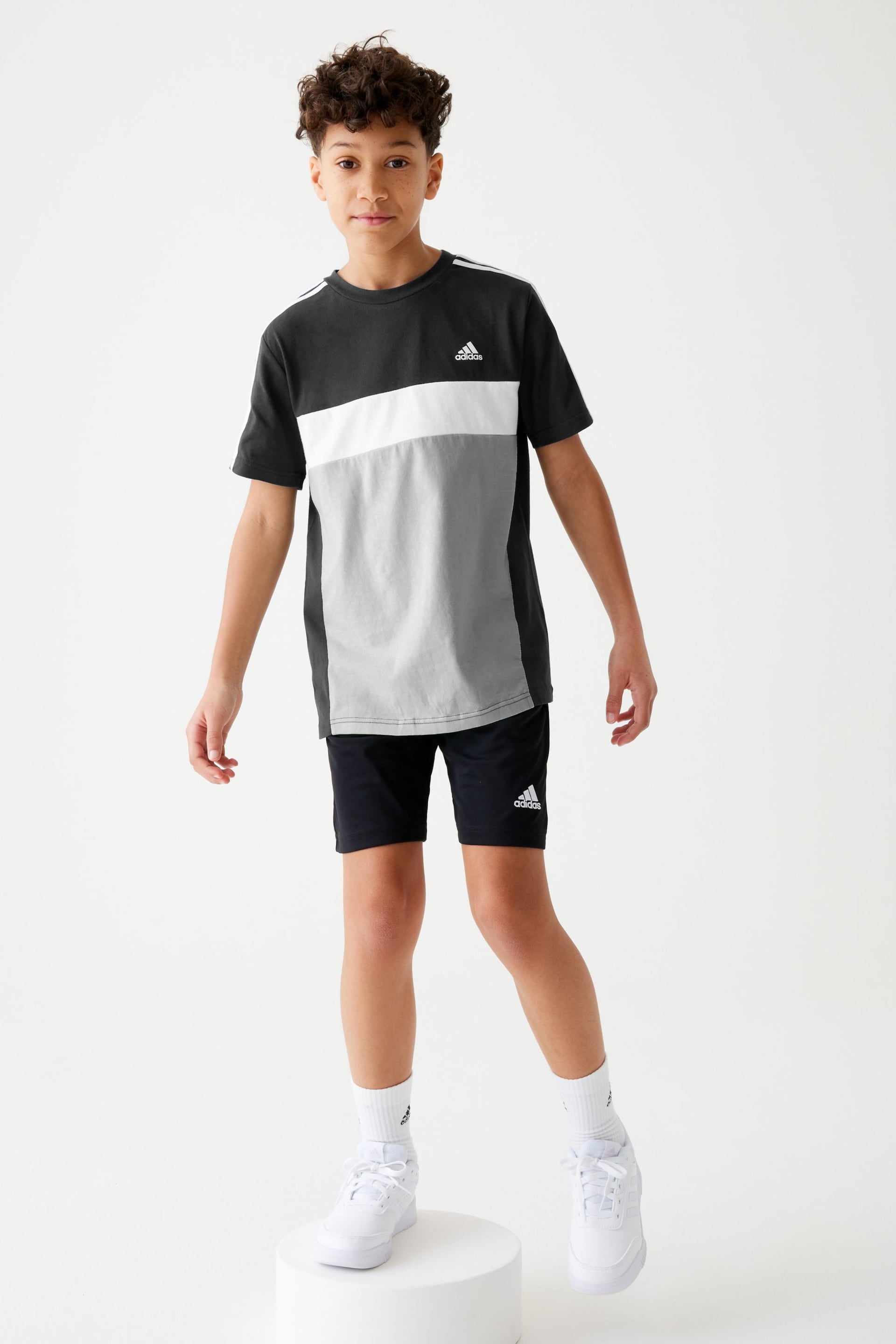 adidas Black Kids Sportswear Tiberio 3-Stripes Colourblock Cotton T-Shirt - Image 1 of 8