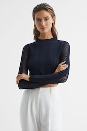 Reiss Navy Judy Long Sleeve Crochet Jumper - Image 1 of 5