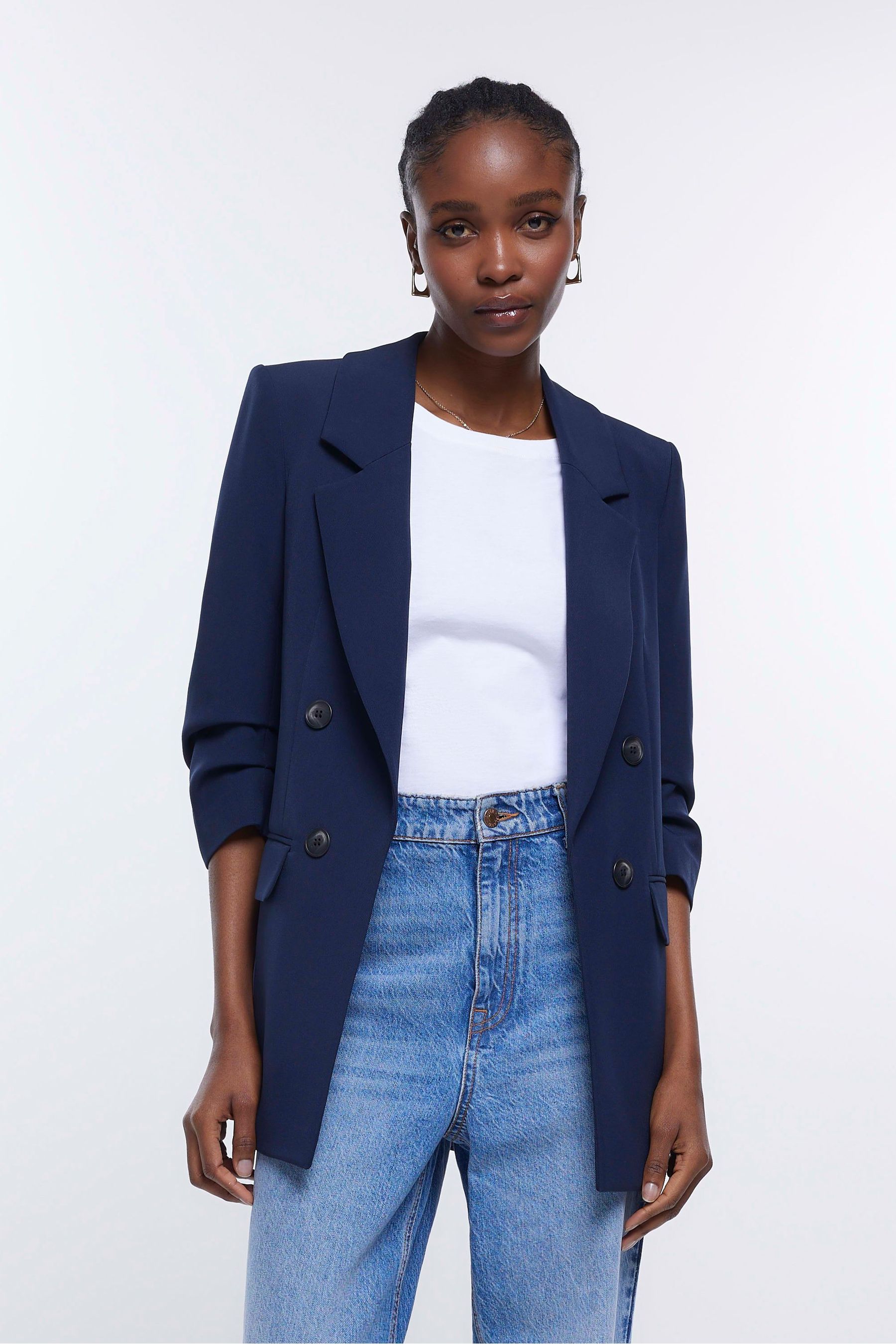 Navy ruched sleeve blazer shop