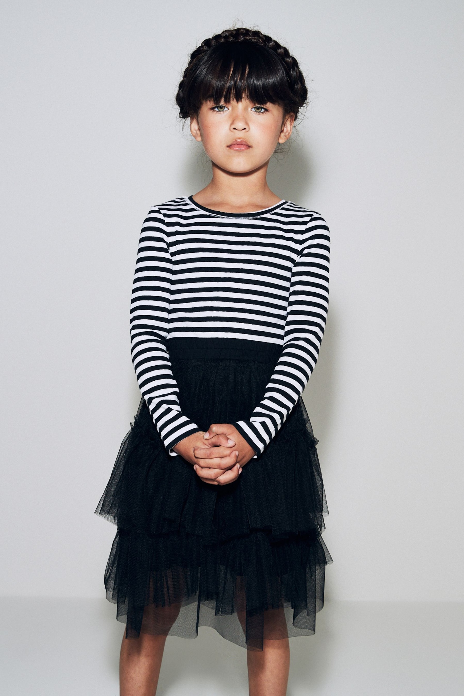 Black/White Stripe 1 Pack Long Sleeve Ribbed Top (3-16yrs) - Image 2 of 8