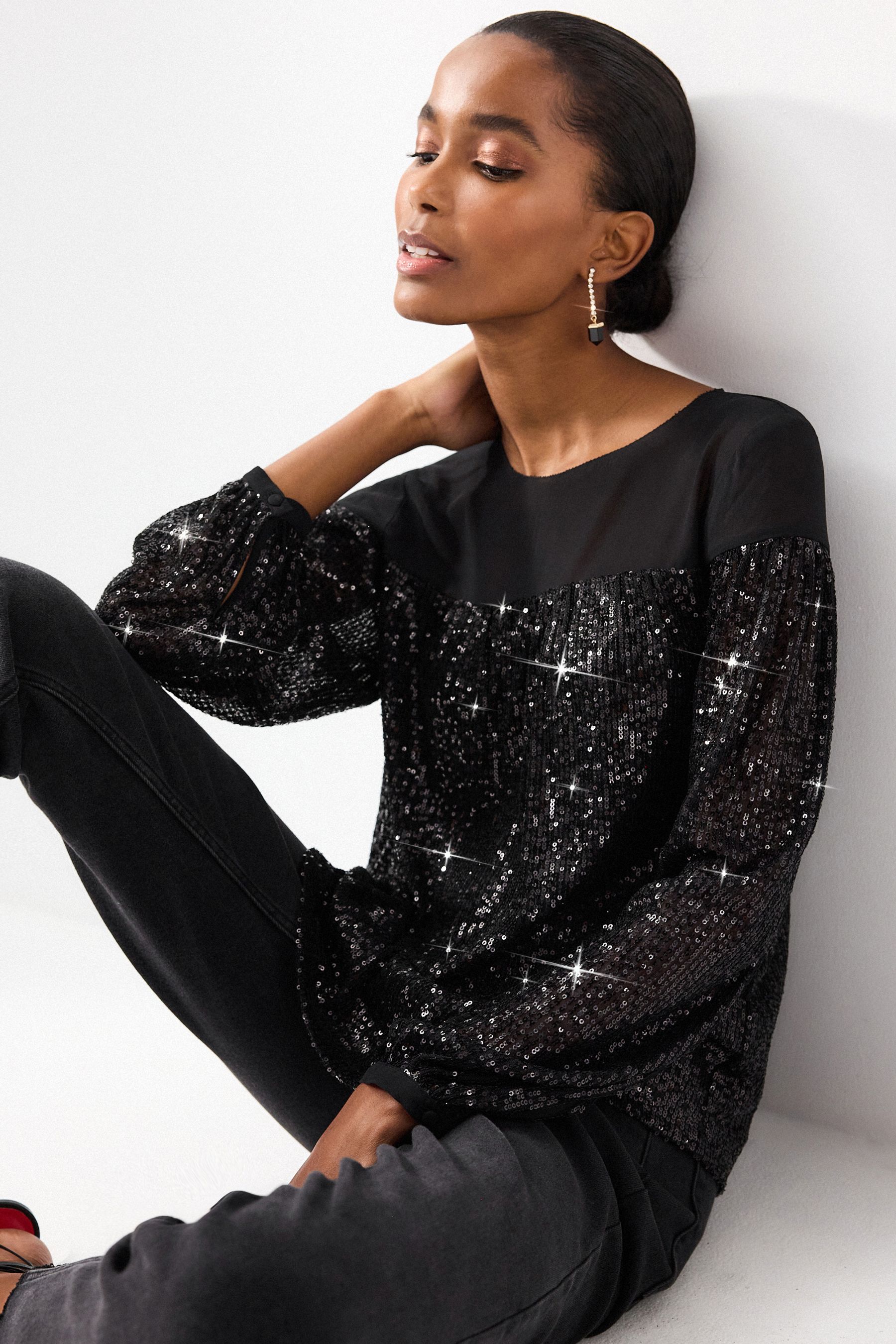Buy Black Long Sleeve Sequin Sparkle Top from Next Ireland