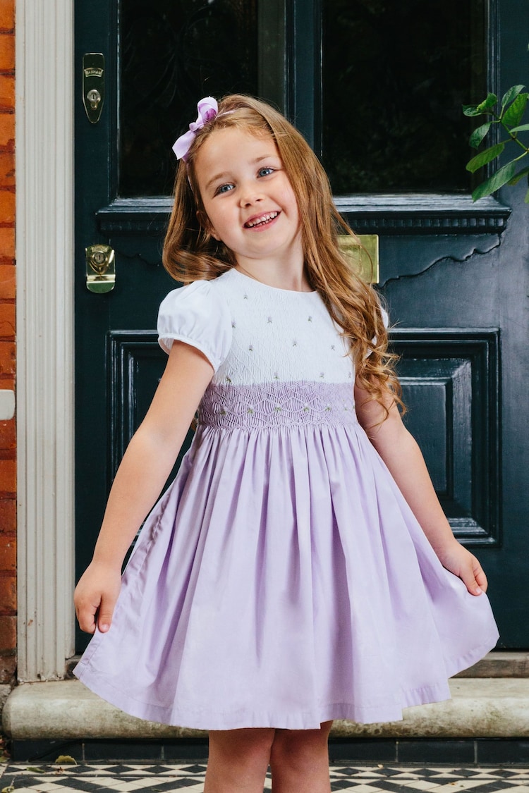 Trotters London Purple Rose Hand Smocked 100% Cotton Dress - Image 1 of 5