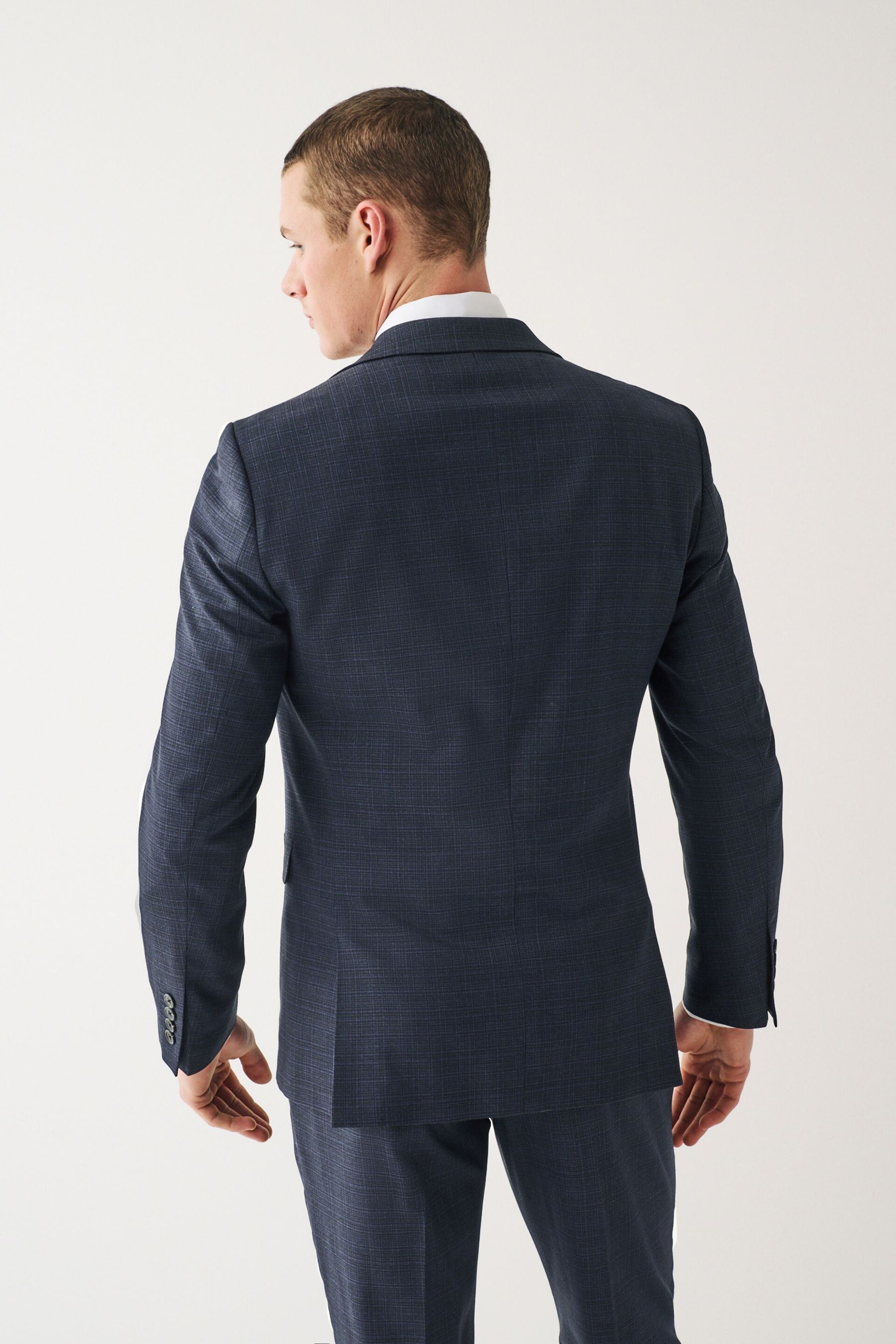 Navy Blue Skinny Check Suit Jacket - Image 2 of 13