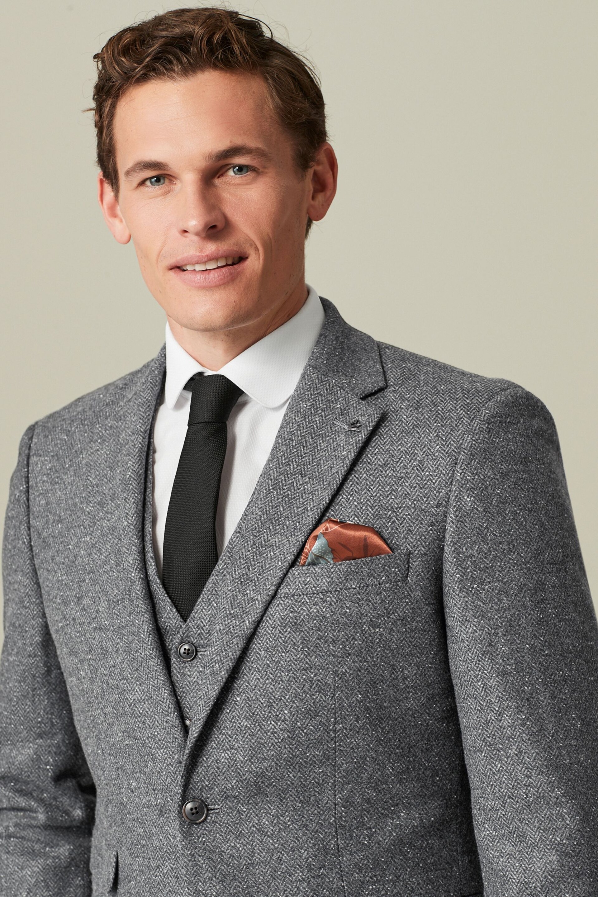 Grey Nova Fides Italian Fabric Herringbone Textured Wool Blend Suit Jacket - Image 1 of 11