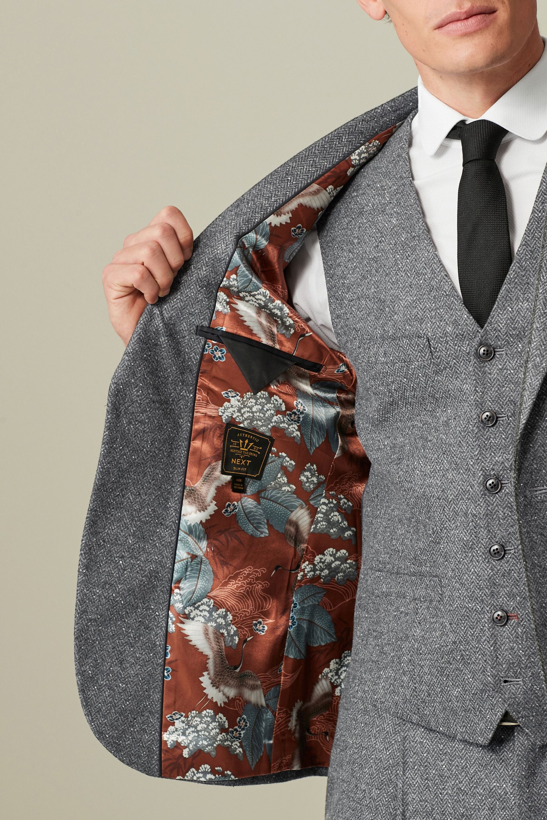 Grey Nova Fides Italian Fabric Herringbone Textured Wool Blend Suit Jacket - Image 5 of 11