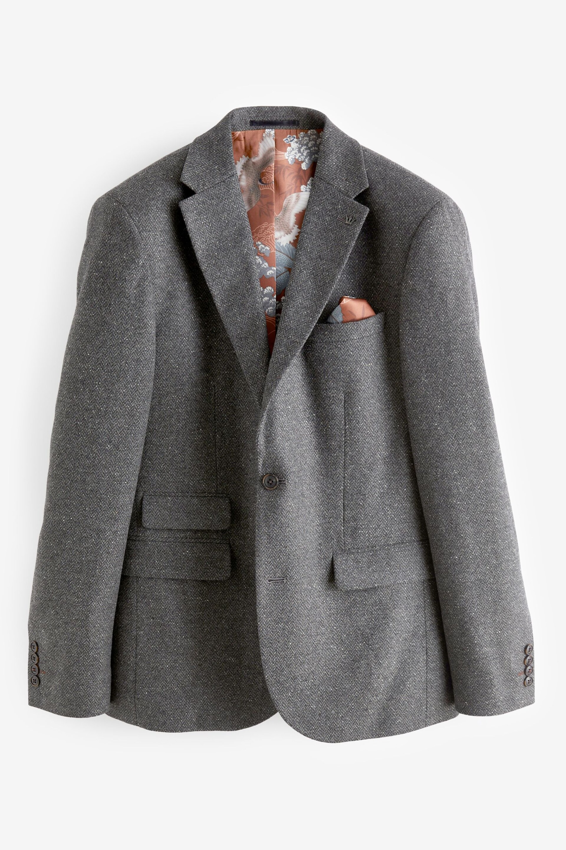 Grey Nova Fides Italian Fabric Herringbone Textured Wool Blend Suit Jacket - Image 7 of 11