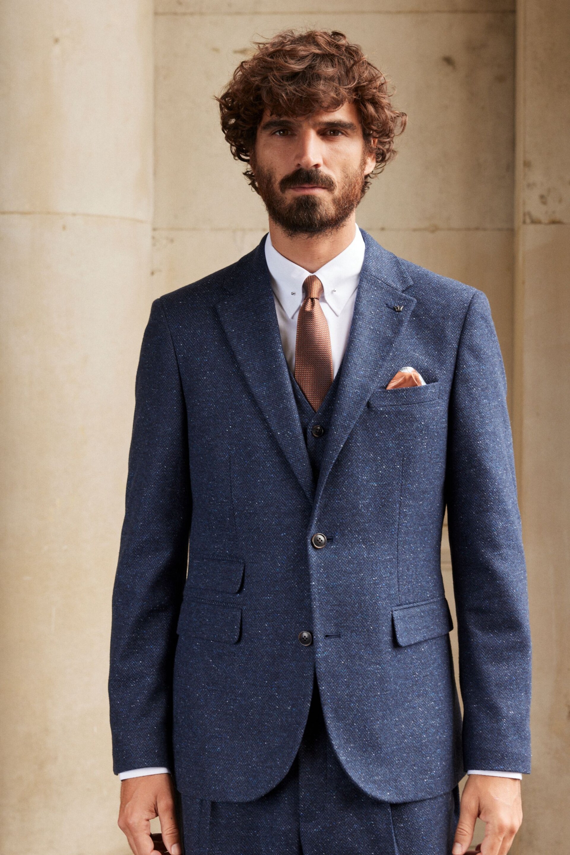 Navy Blue Regular Fit Nova Fides Italian Fabric Herringbone Textured Wool Blend Suit Jacket - Image 1 of 13