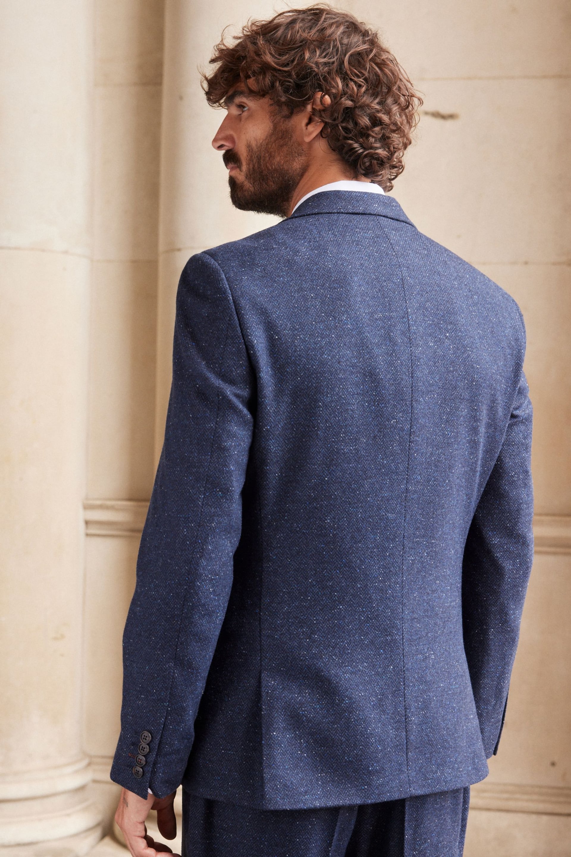 Navy Blue Regular Fit Nova Fides Italian Fabric Herringbone Textured Wool Blend Suit Jacket - Image 3 of 13