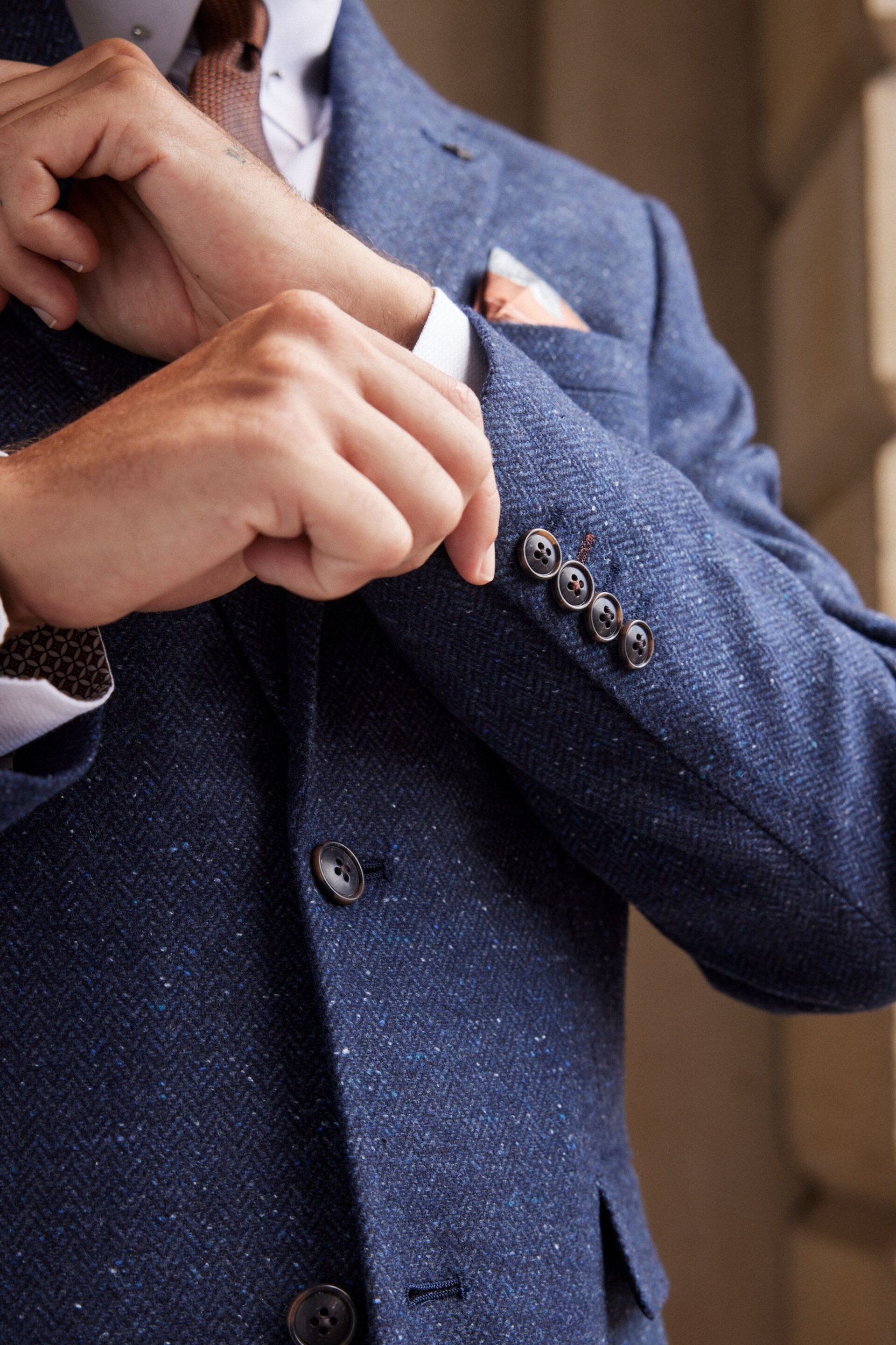 Navy Blue Regular Fit Nova Fides Italian Fabric Herringbone Textured Wool Blend Suit Jacket - Image 5 of 13