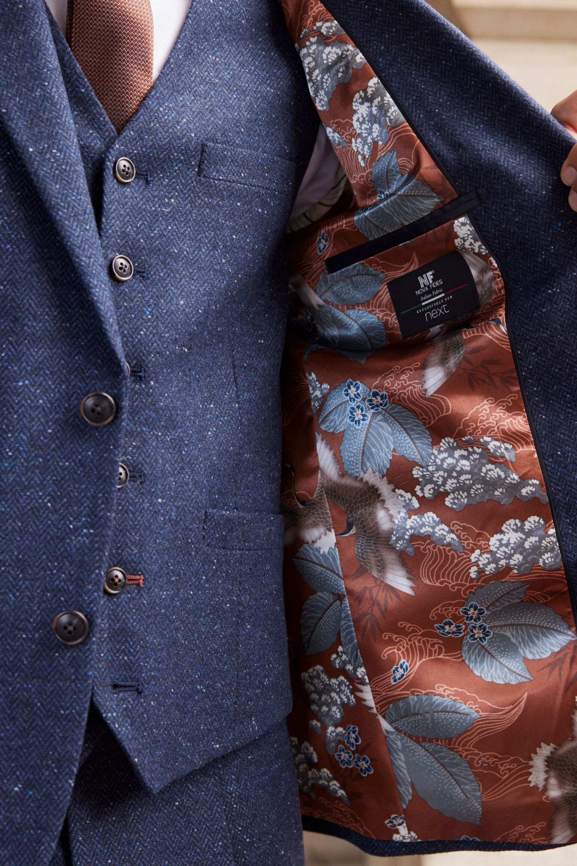 Navy Blue Regular Fit Nova Fides Italian Fabric Herringbone Textured Wool Blend Suit Jacket - Image 7 of 13