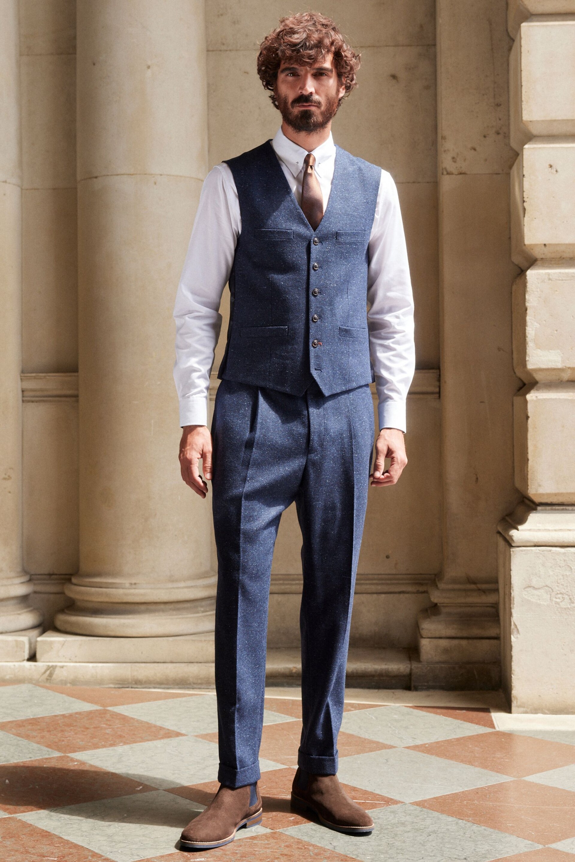 Navy Blue Nova Fides Italian Fabric Herringbone Textured Wool Content Suit Waistcoat - Image 2 of 10