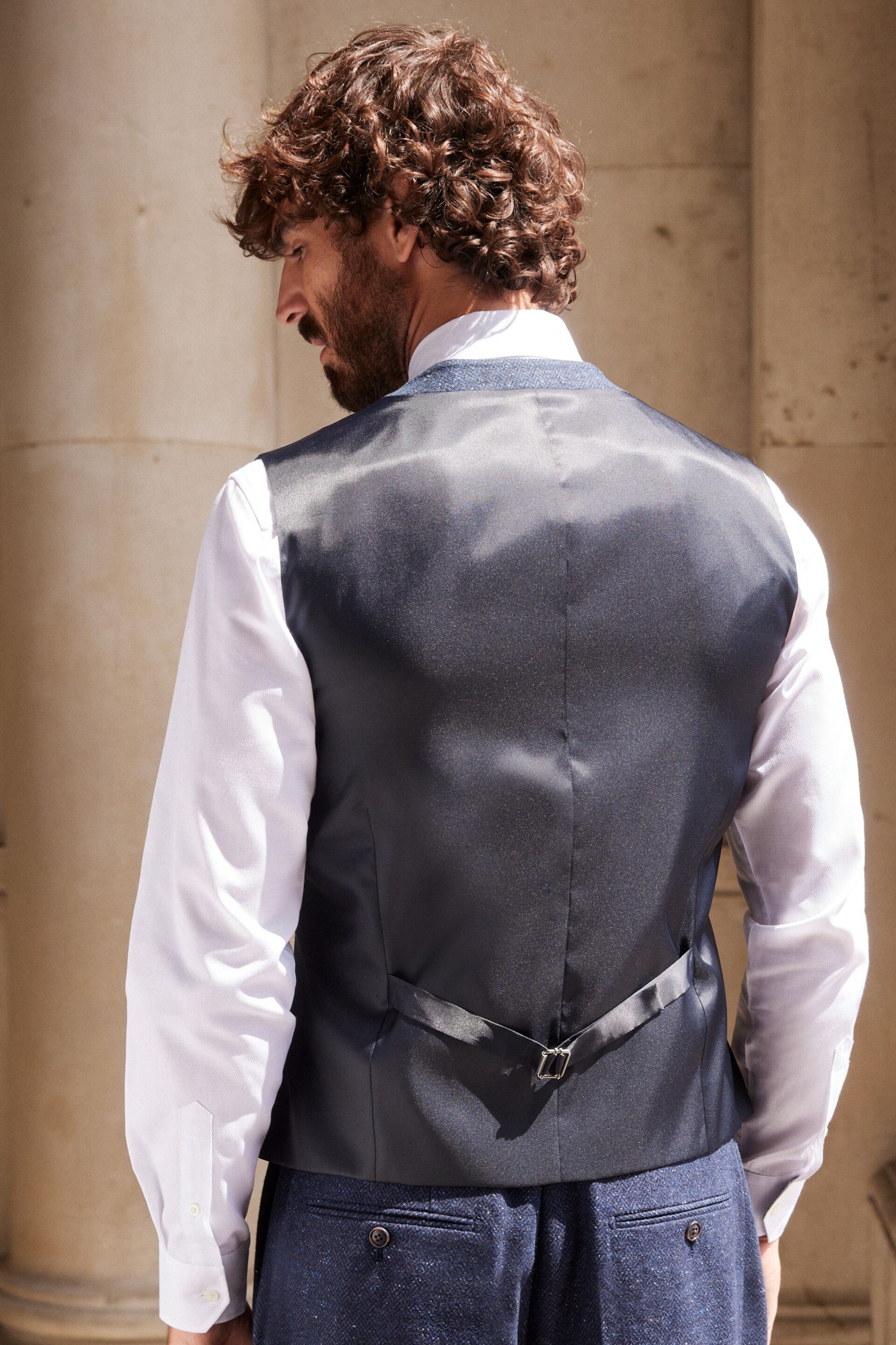Navy Blue Nova Fides Italian Fabric Herringbone Textured Wool Content Suit Waistcoat - Image 3 of 10