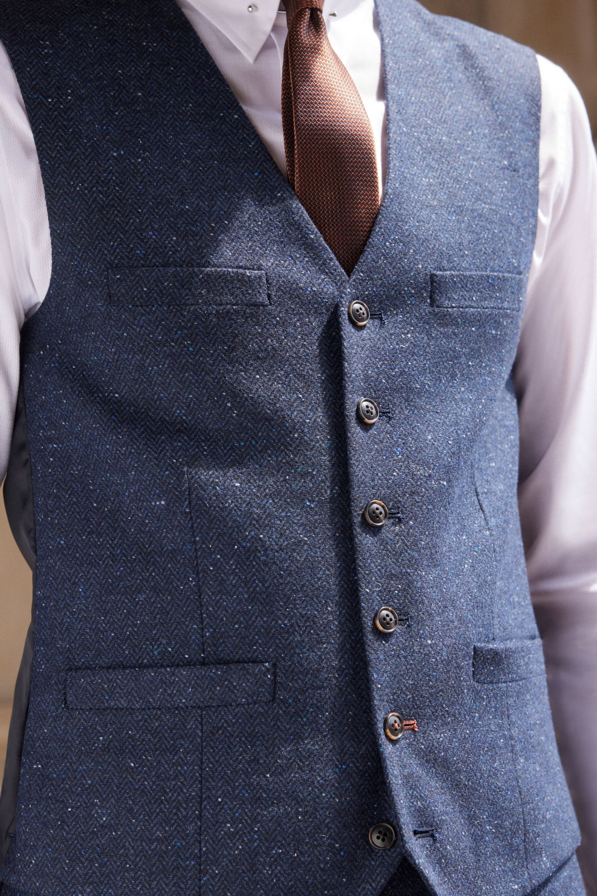 Navy Blue Nova Fides Italian Fabric Herringbone Textured Wool Content Suit Waistcoat - Image 4 of 10