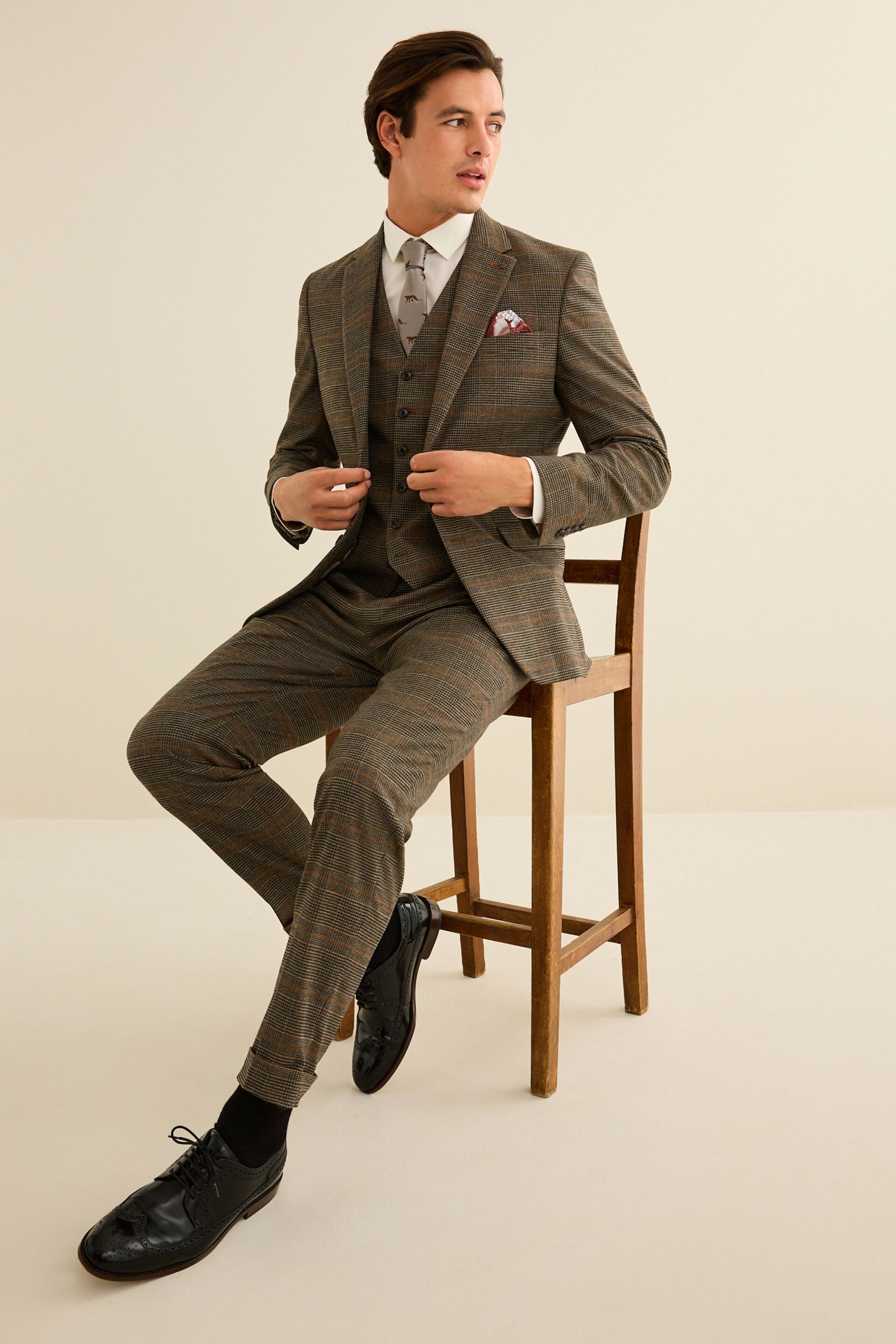 Brown Slim Check Suit Waistcoat - Image 3 of 10